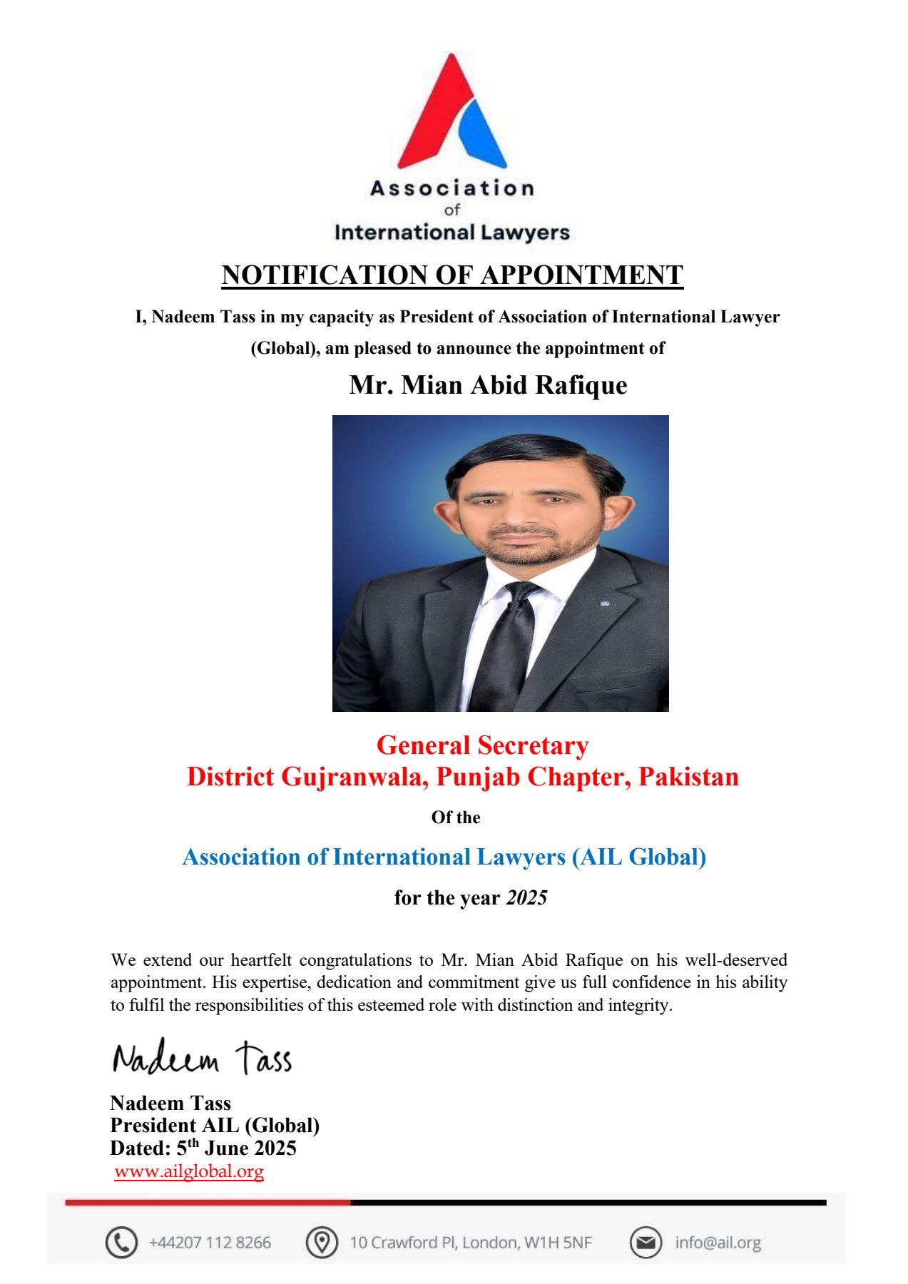 Association - We are pleased to announce that Mr. Mian Abid Rafique has ...