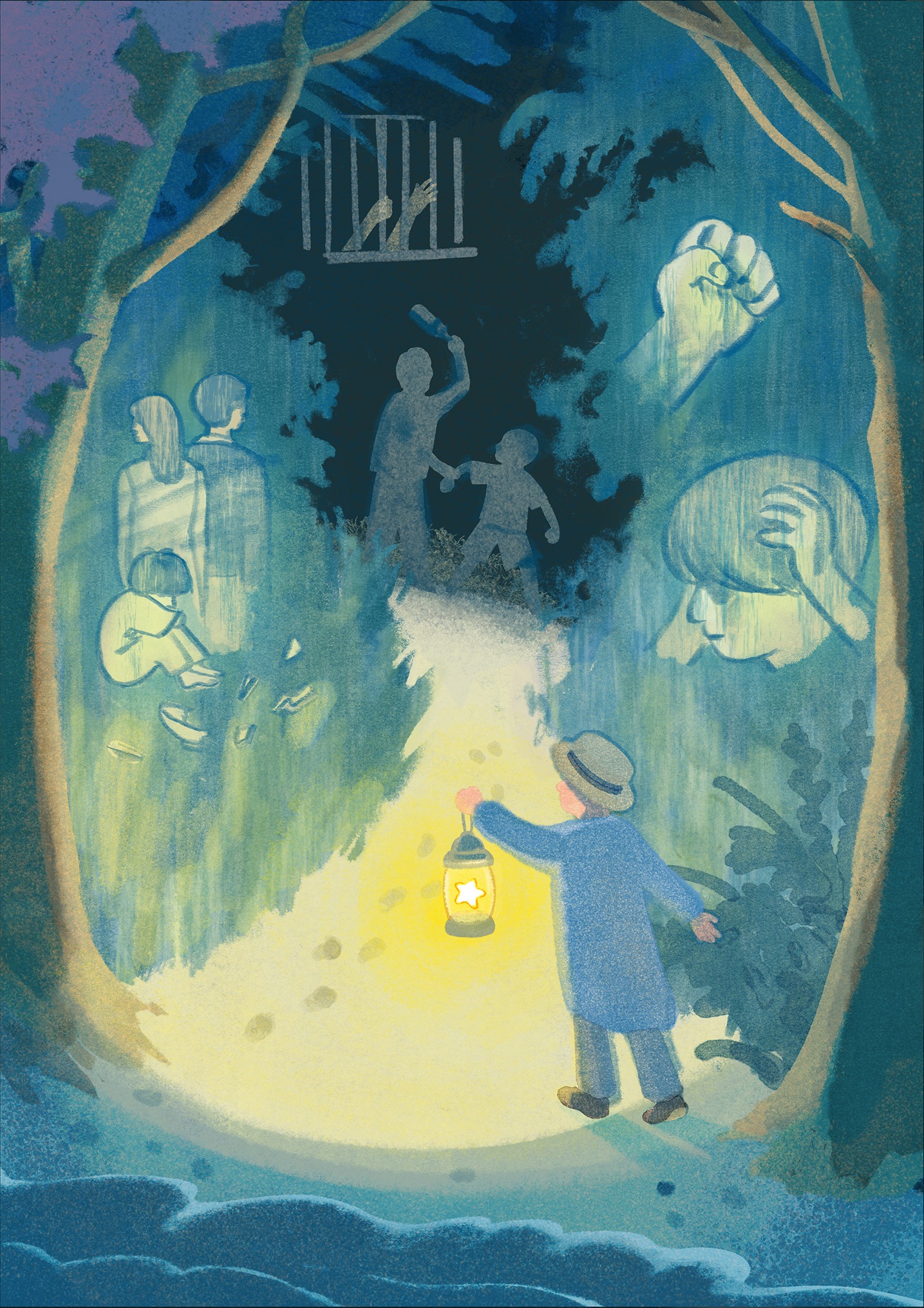 早日 Zao Ri－Illustration - 《樂樂不見了》 展間插畫 ① 聽故事 . 觀展者提燈閱讀各個兒童傷害事件， 去了解到原來 ...