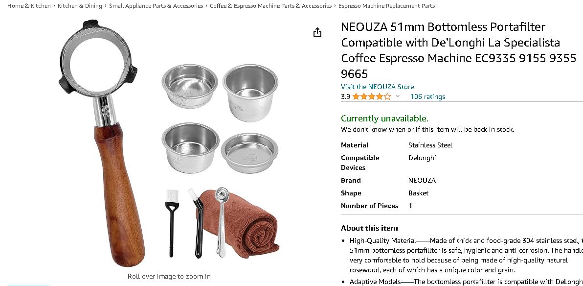 Portafiltro Bottomless 51mm Per DeLonghi E Altre Macchine – 3 Orecchie, Manico In Legno, Con Cestello, Cucchiaio, Spazzole E Tappetino Silicone