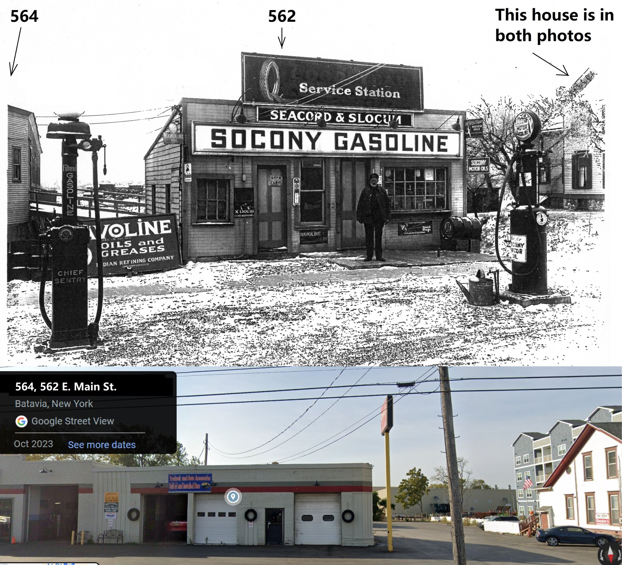 Socony gas station on E. Main St. in Batavia during WWII