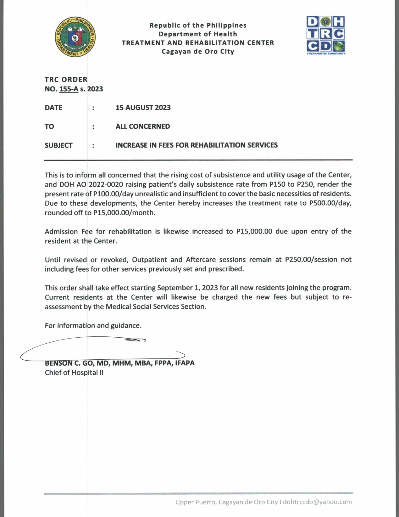 DOH-Treatment - TRC ORDER No. 155-A s. 2023 DATE : 15 AUGUST 2023 TO ...