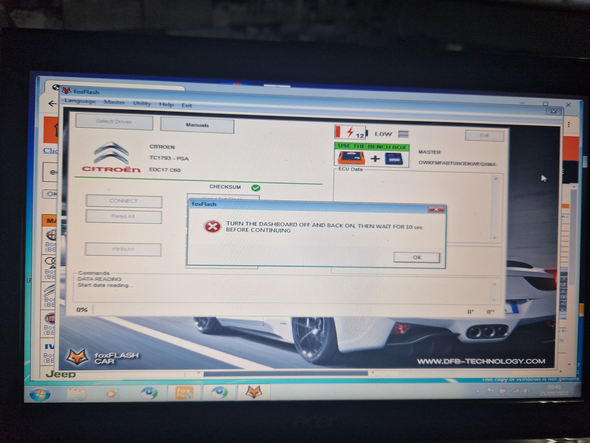 Foxflash first use error on EDC17C60 with stable 13v power supply