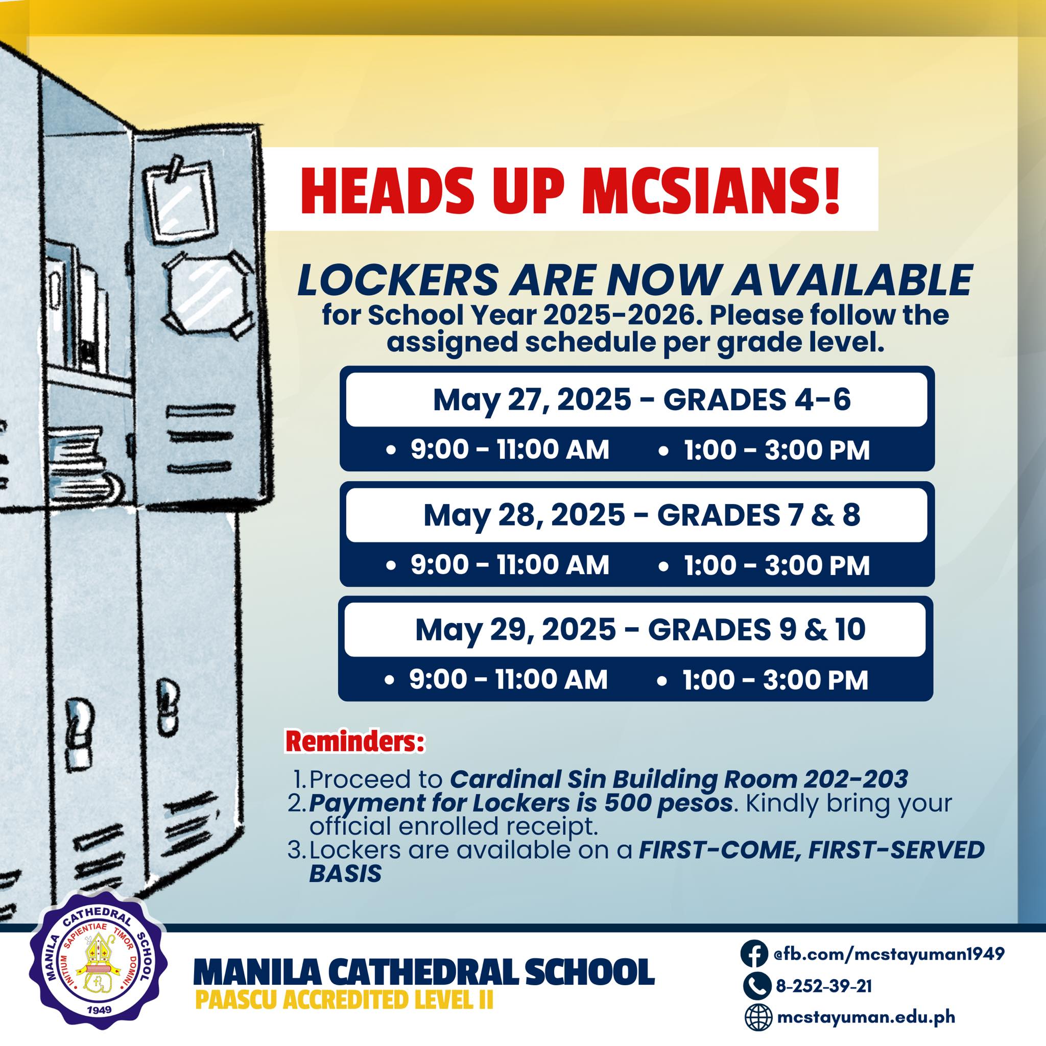 Manila - Heads Up, MCSians! Student locker availment for S.Y. 2025–2026 ...
