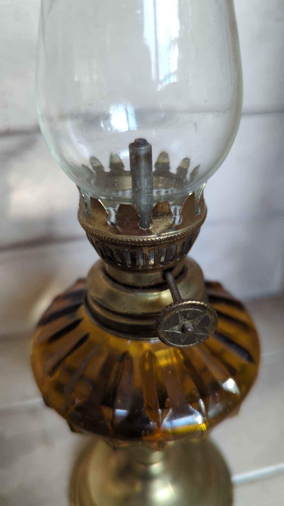 Vintage Amber Glass Miniature Oil Lamp W/ Lotus Top Chimney Table