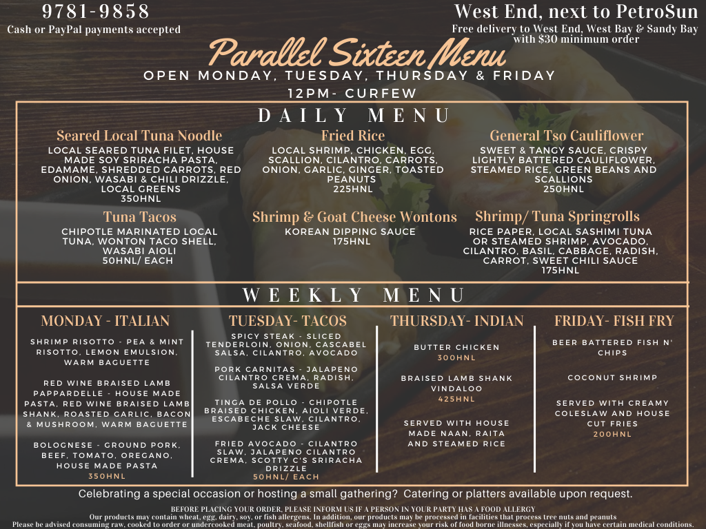 Our menu is now... - Roatan Parallel Sixteen Catering