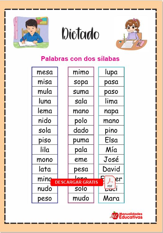 Material - Dictado de palabras para niños (40 fichas) ⭕️Documento ...