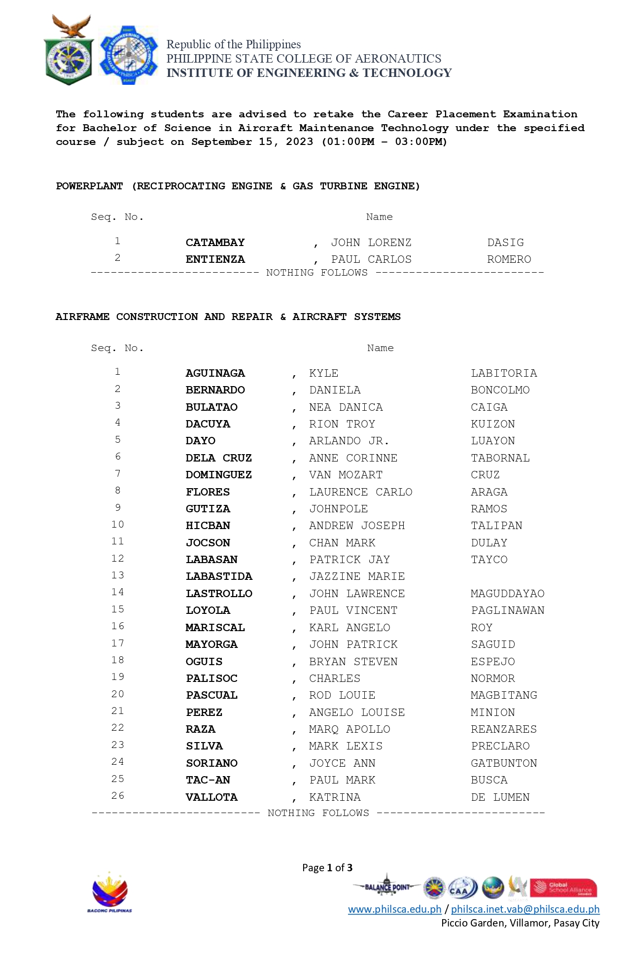 PHILSCA INET - Good day! The following students are...