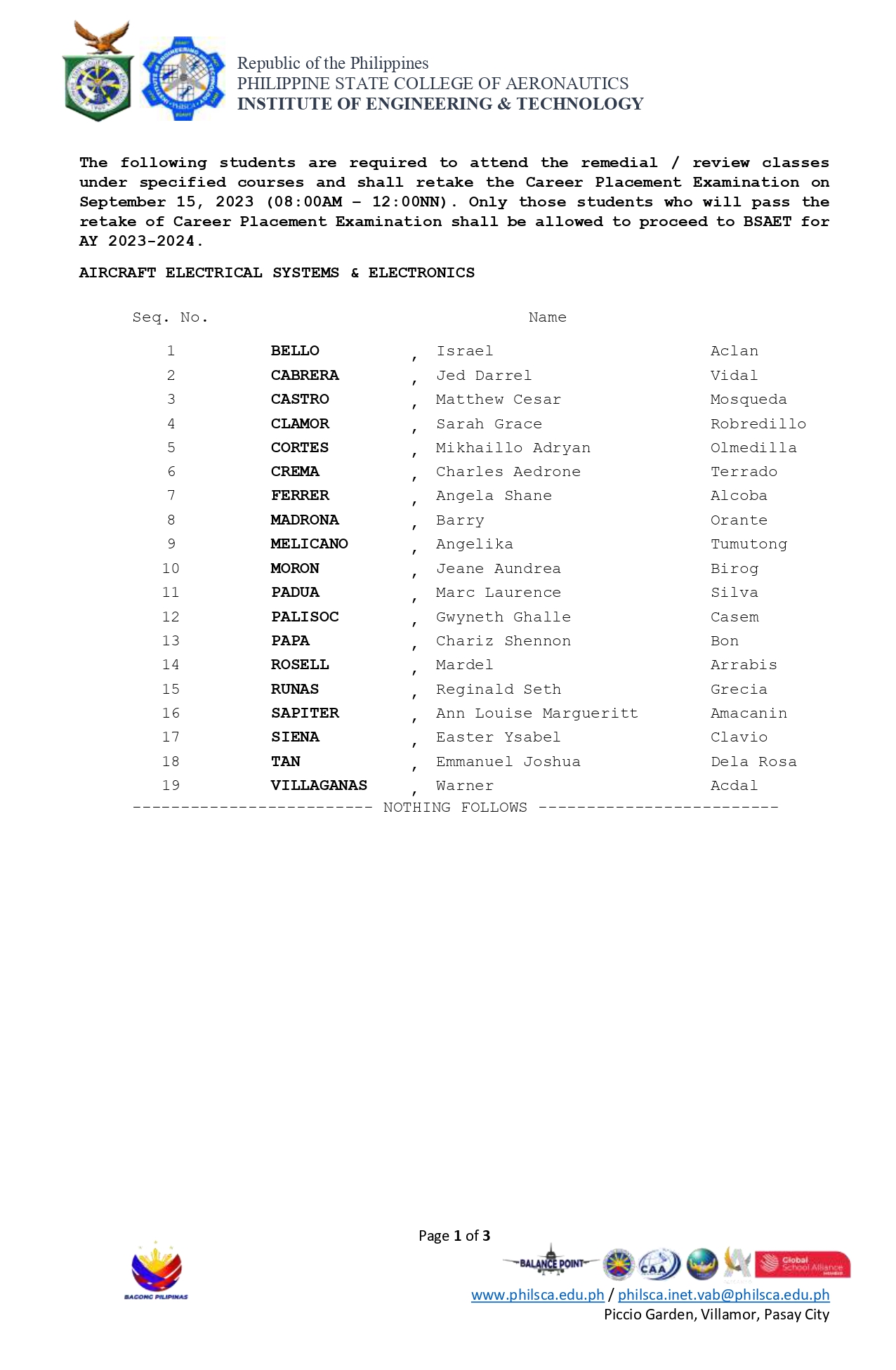 PHILSCA INET - Good day! The following students are... | Facebook