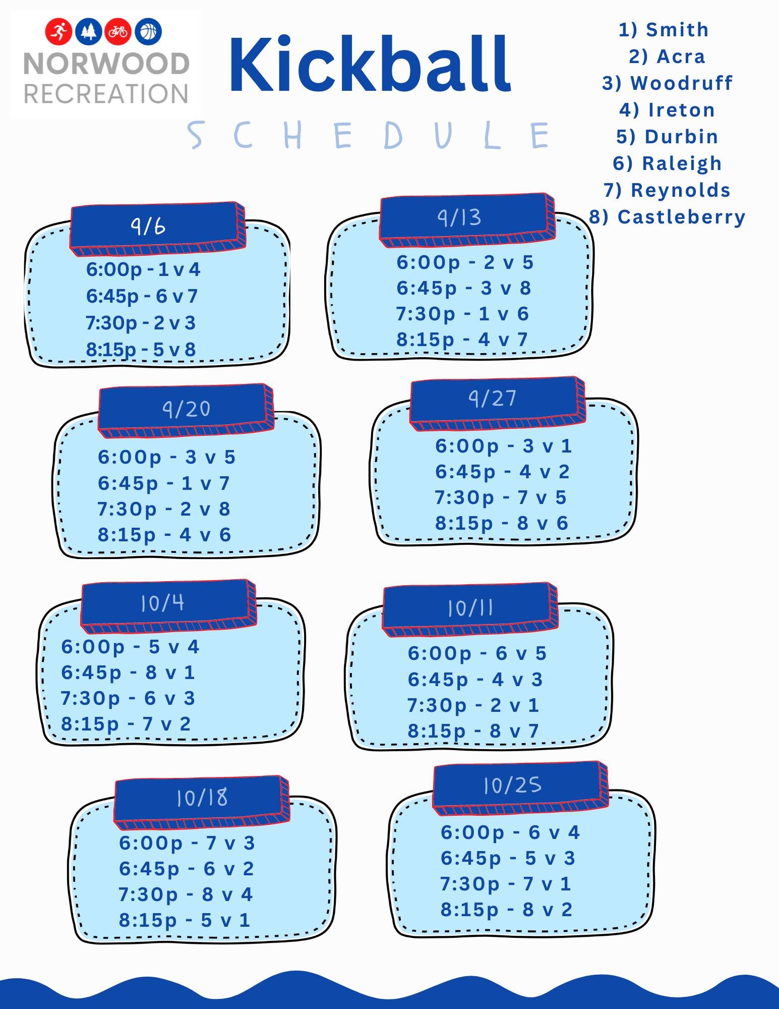 The kickball schedule is... - Norwood Recreation Department