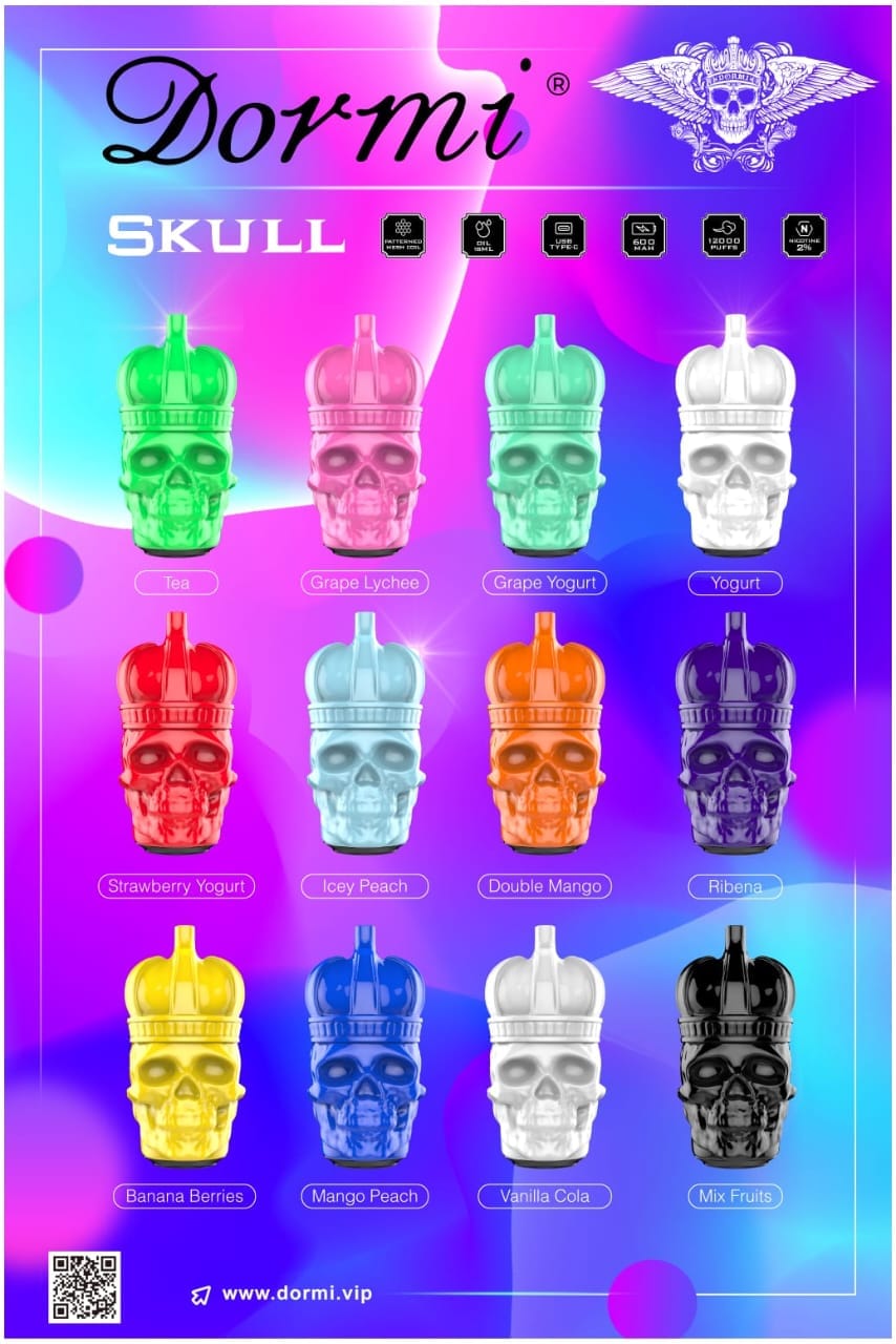 skull disposable vape Dormi 12000 puffs Mega product in town. With magnificent design. 12 delicious flavors, genuinely 600Mah battery with extra large mesh coil that produce powerful puffs with huge clouds. Grape Lychee 🔥 Vape Flavor:Cactus Jack melon rush Voopoo Drag 4 Leather