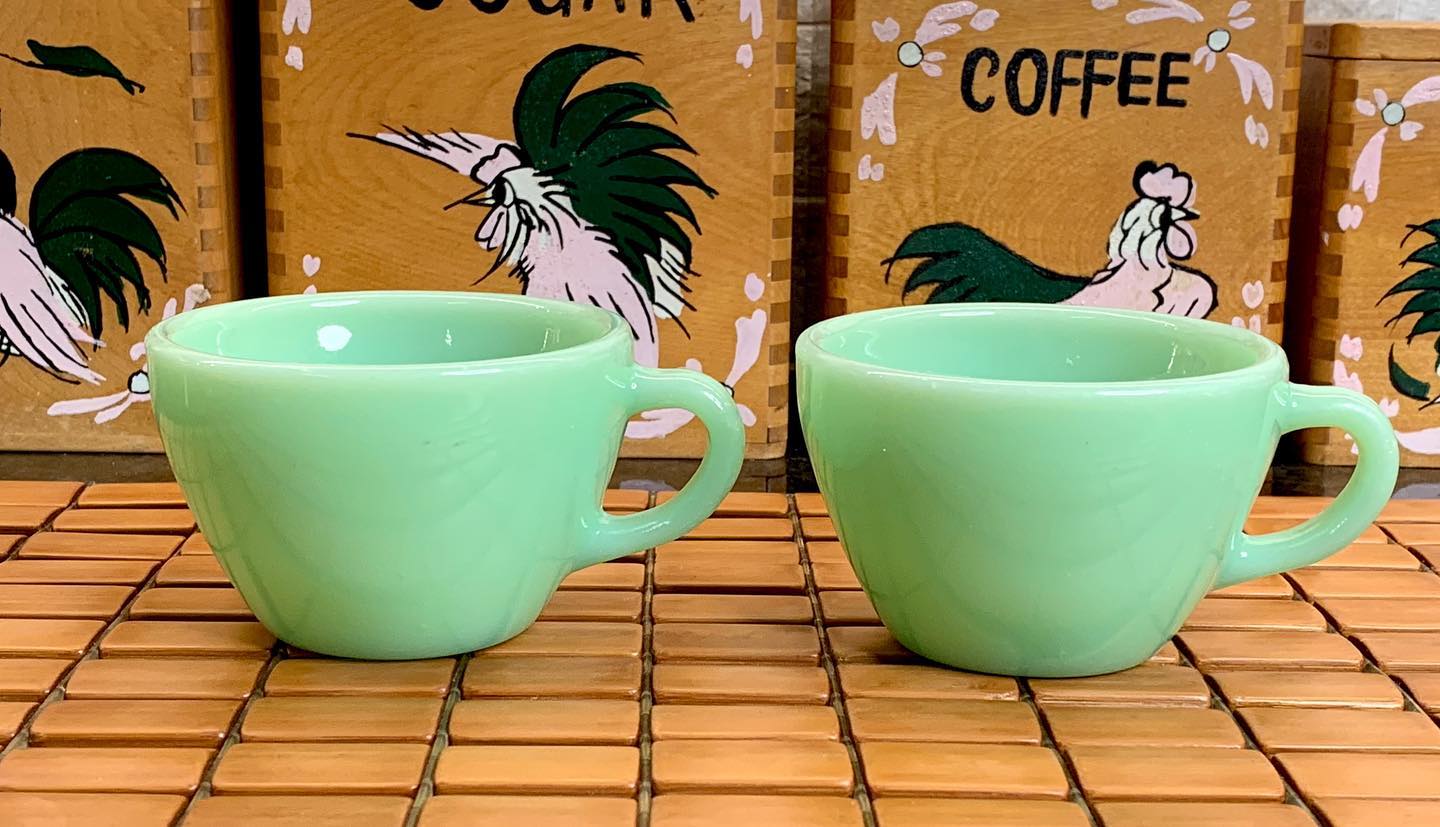 Jadeite Fire King coffee mugs from 1940s diner style