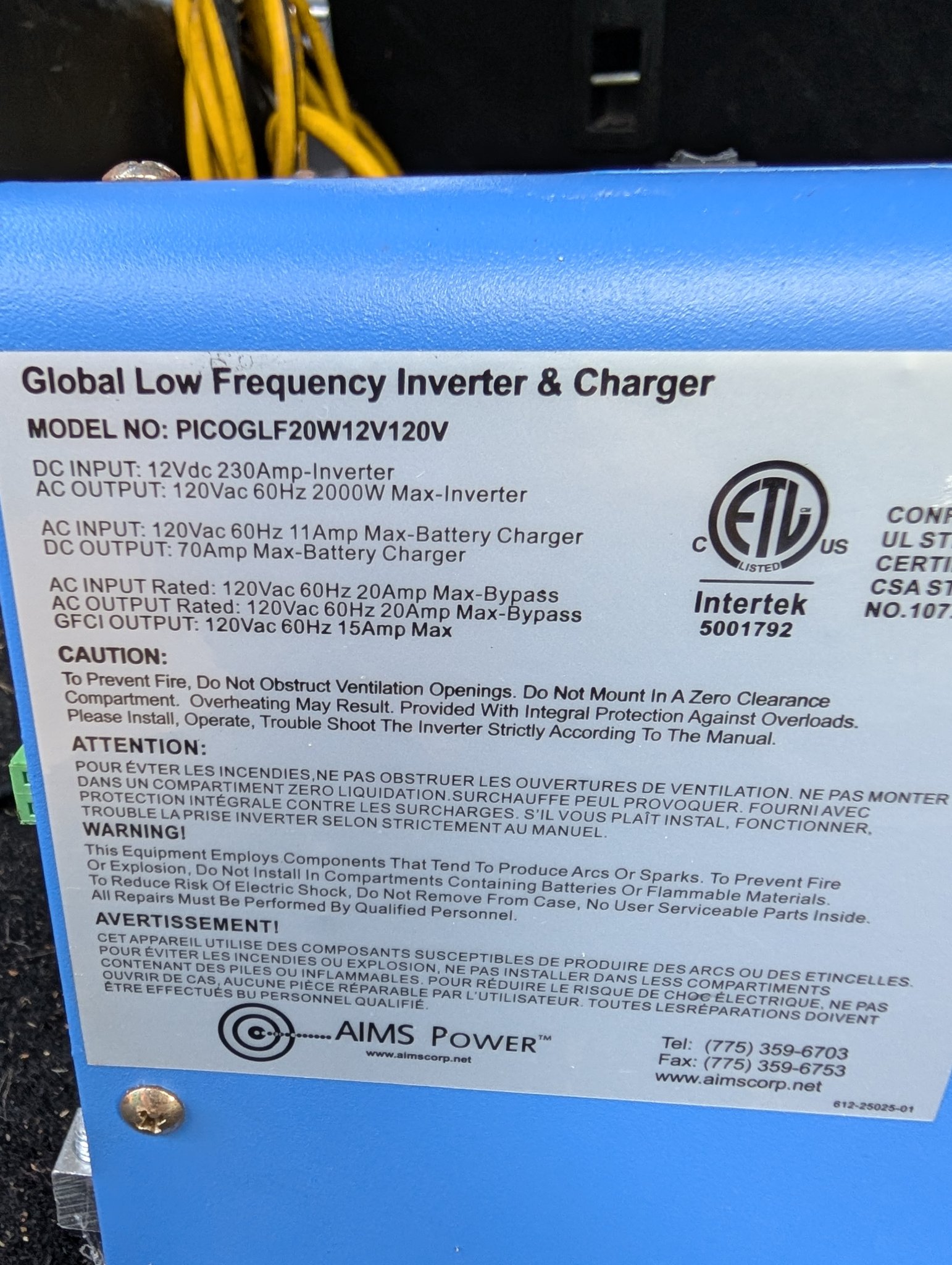 AIMS Power 2000W 12V Inverter Charger Global LF Series - Measuring ...