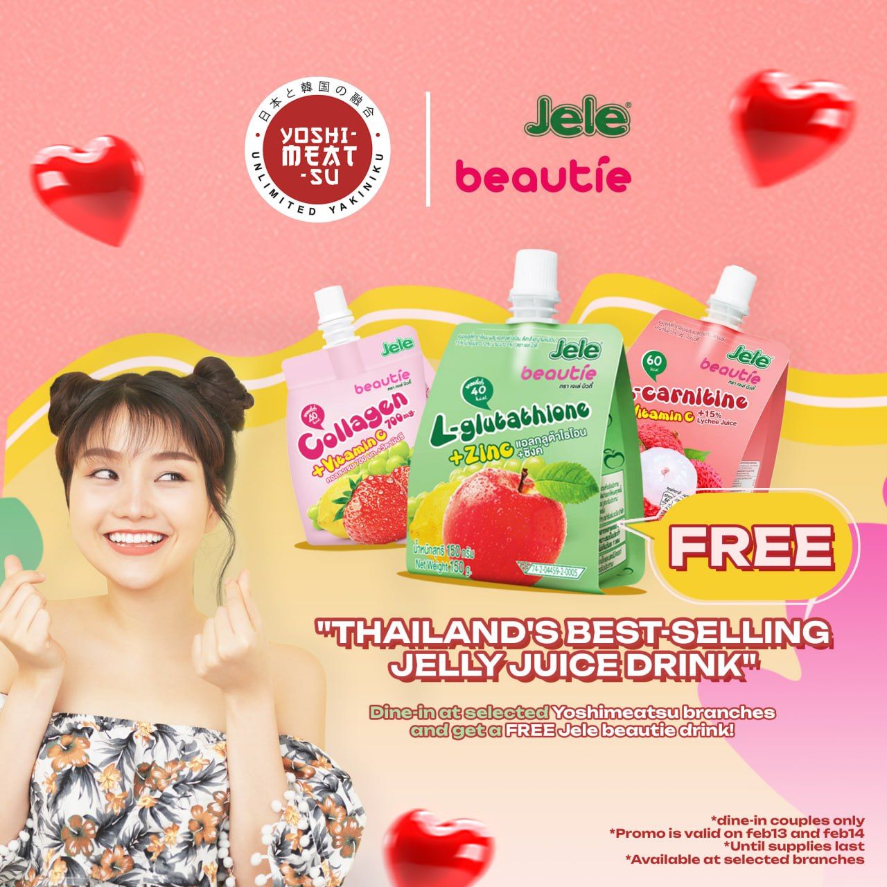 If you're trying to glow up this 2024, chance mo na 'yan! Get Thailand's best-selling Jelly Juice Drink, Jele Beautie Philippines for FREE sa lahat ng dine-in couple dito sa #Yoshimeatsu! Get