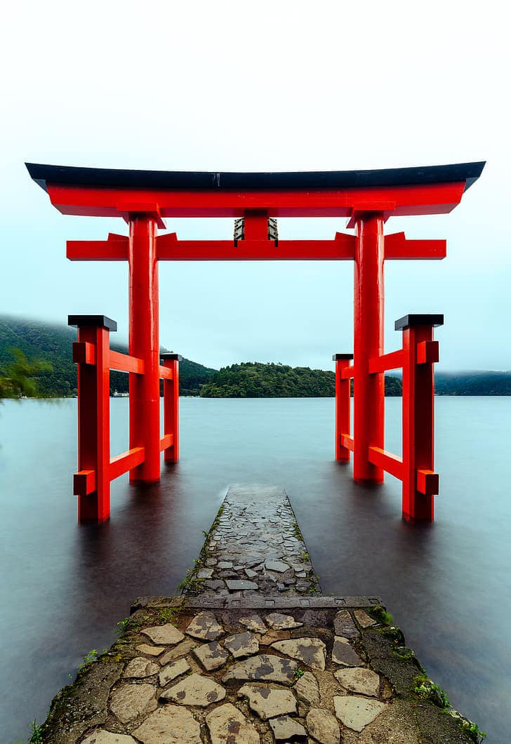 Traditional Japanese torii gate at a Shinto shrine
