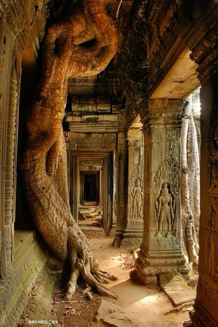 Ta Prohm temple ruins in Angkor Wat, Cambodia, oil painting