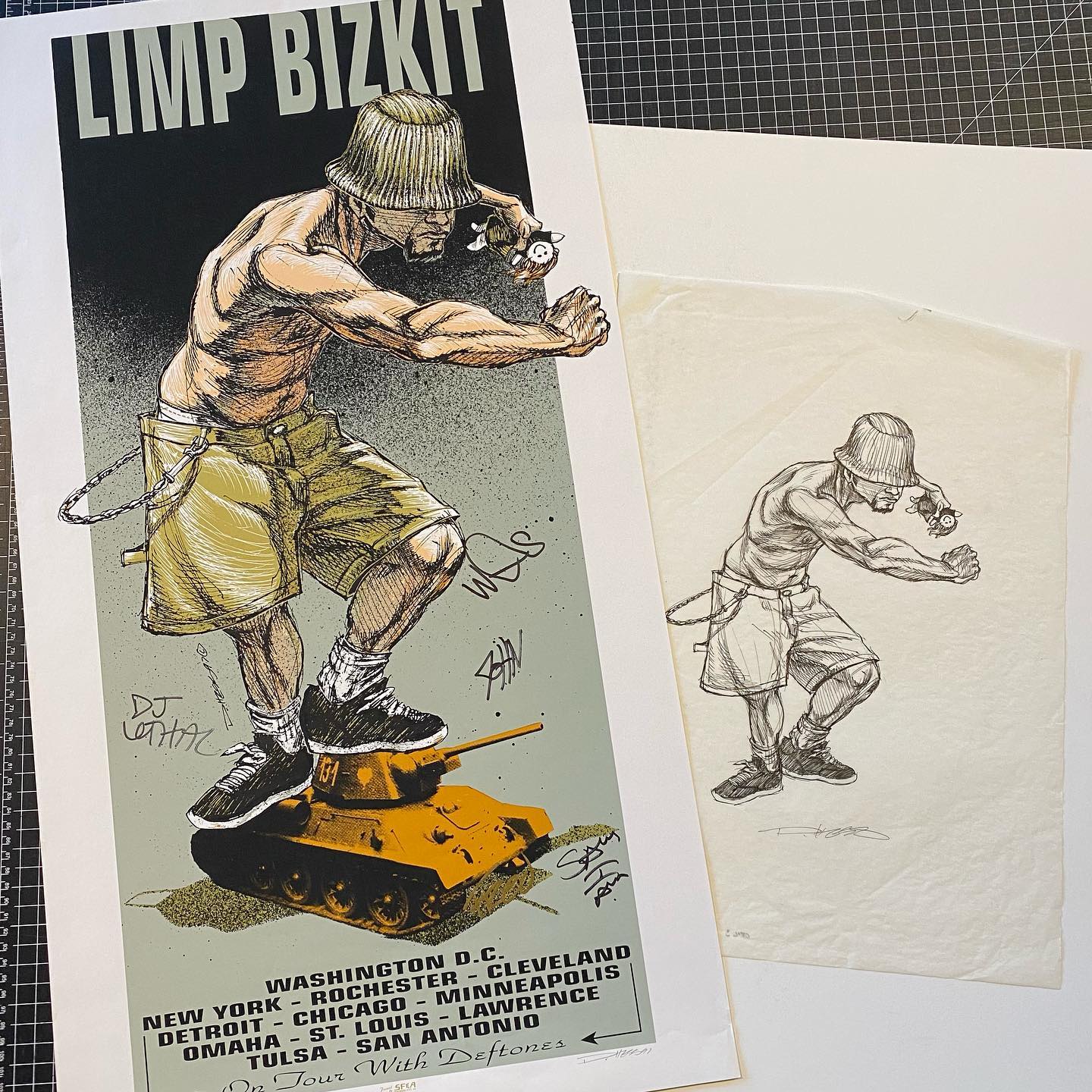Signed Limp Bizkit poster and original drawing by Derek Hess