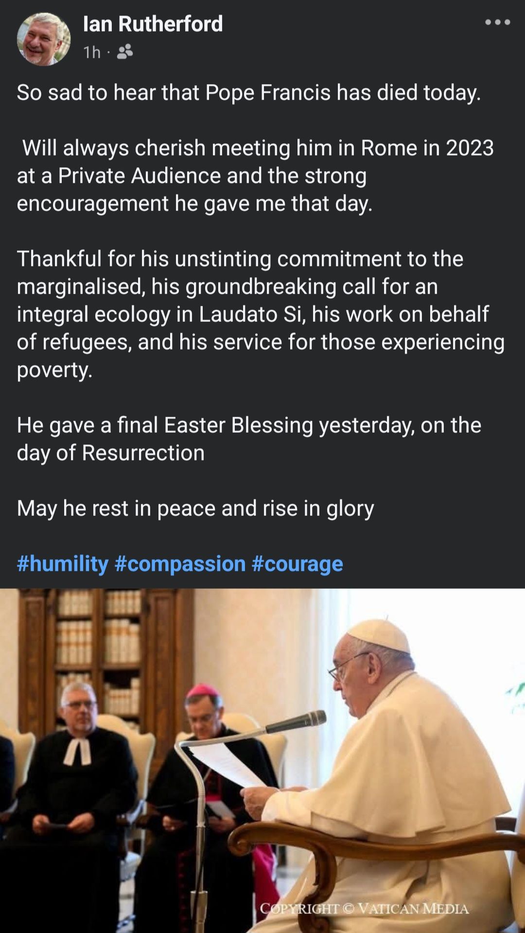 Central - We have been saddened to hear of the passing of Pope Francis ...
