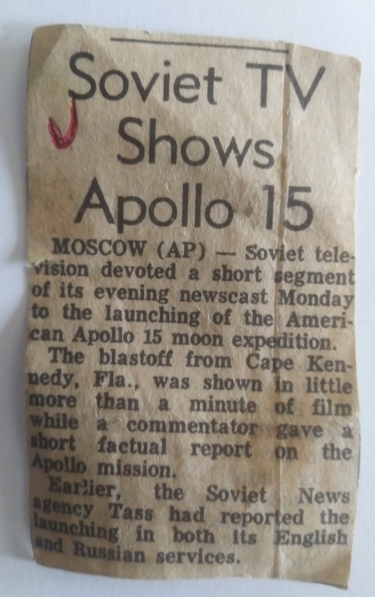 Apollo XV newspaper clipping from July 27, 1971