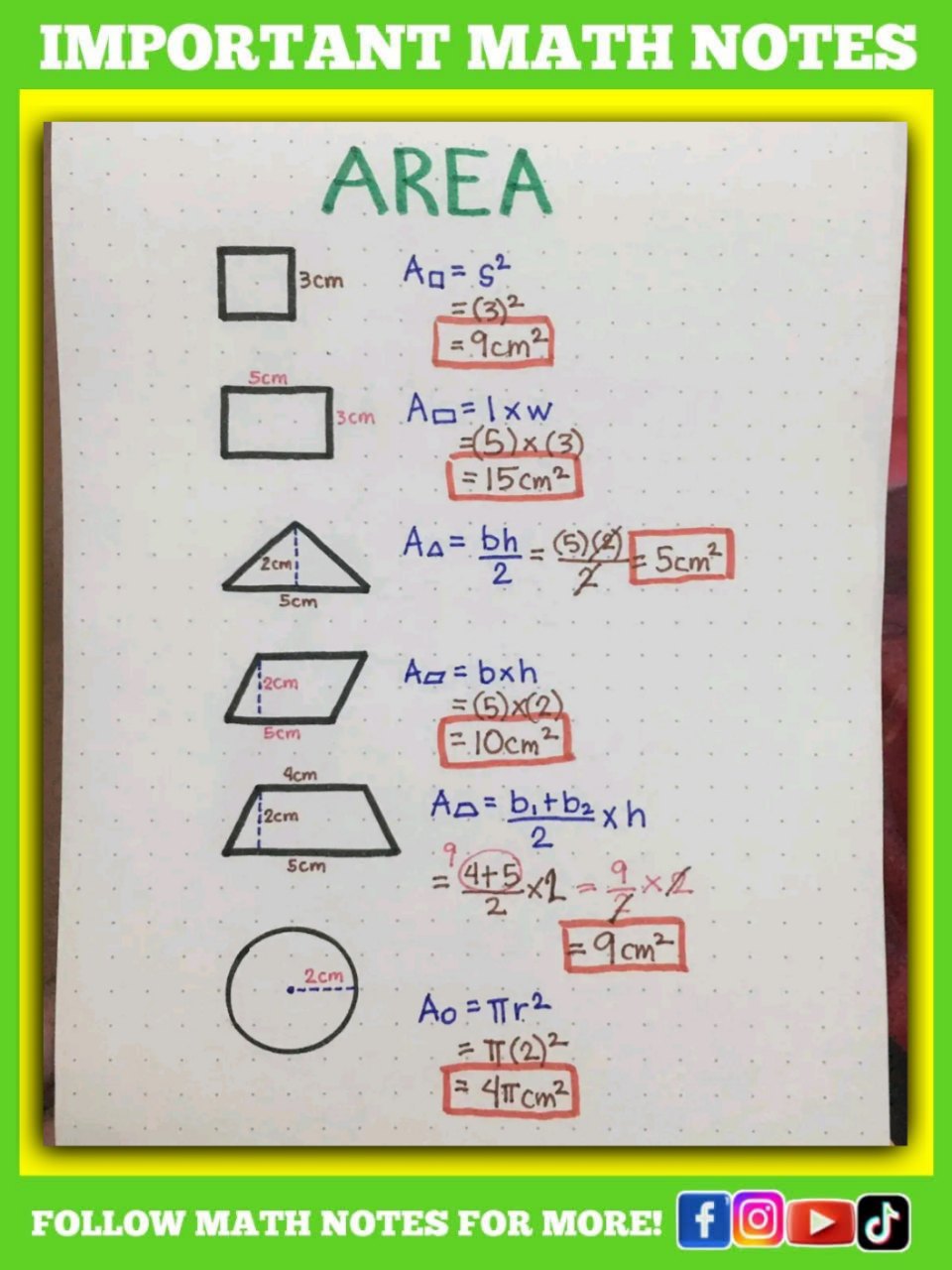 Math - AREA FORMULA Math Notes | Facebook
