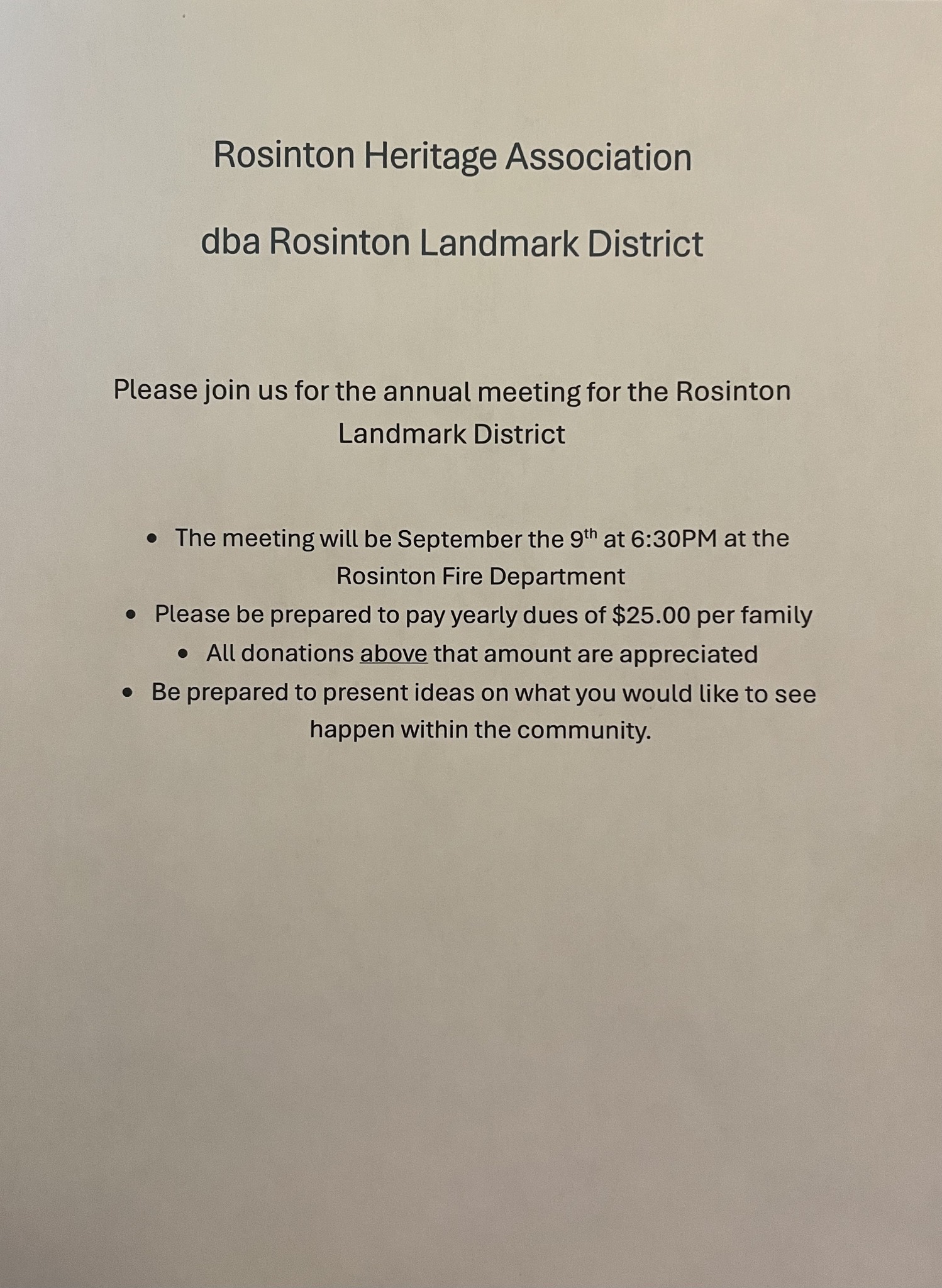 Rosinton Landmark District Annual Meeting