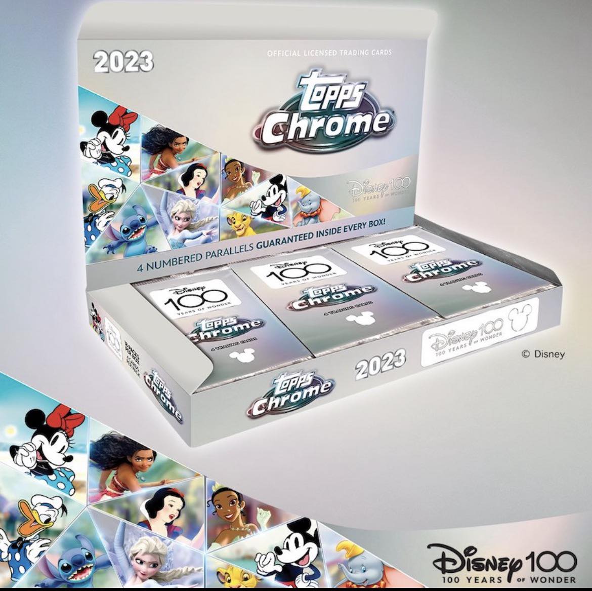 A 2023 Topps chrome Disney 100 base card of Mickey Mouse is now