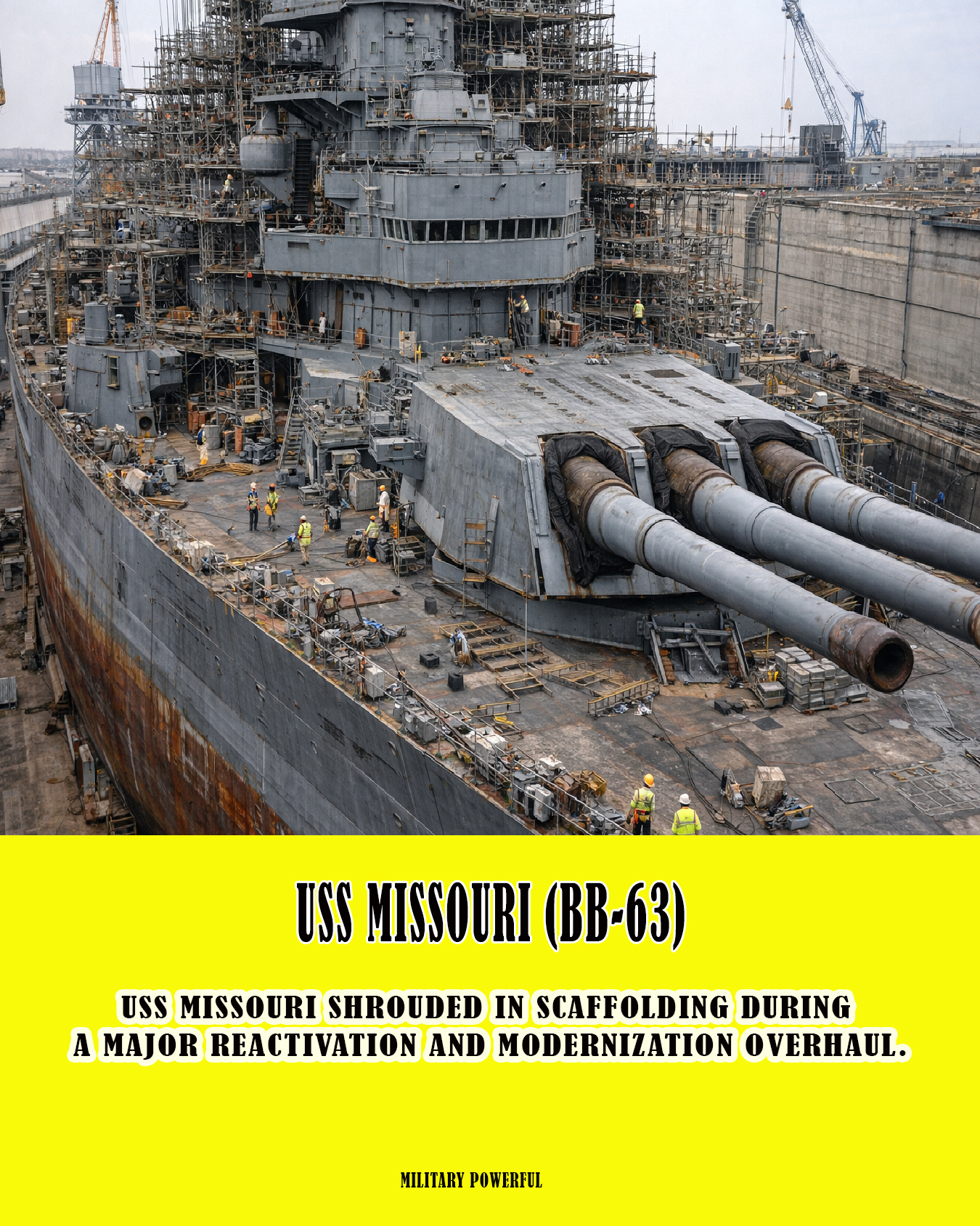 Military - Scaffolding envelops the superstructure of the battleship ...