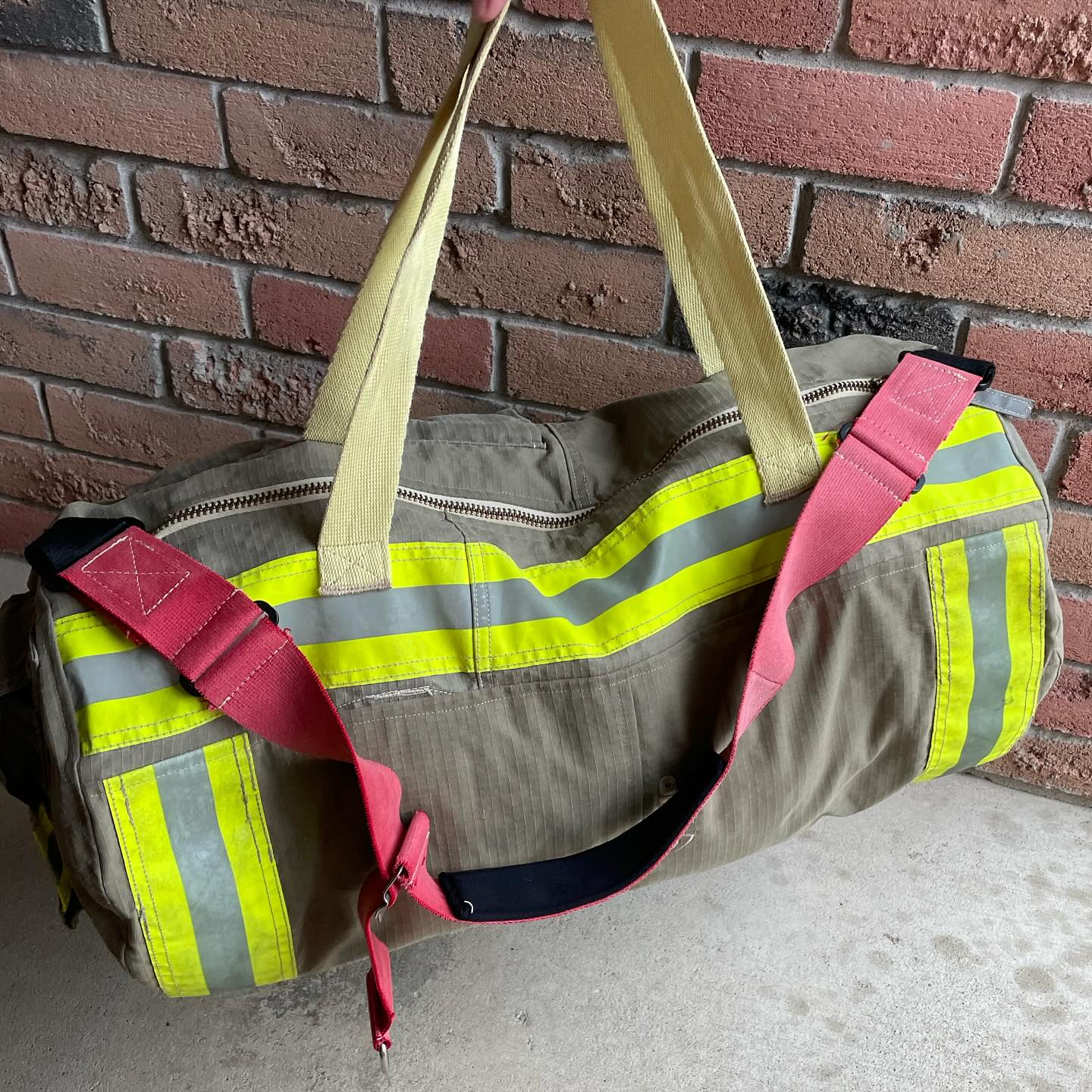 Upcycled firefighter gear duffle bag