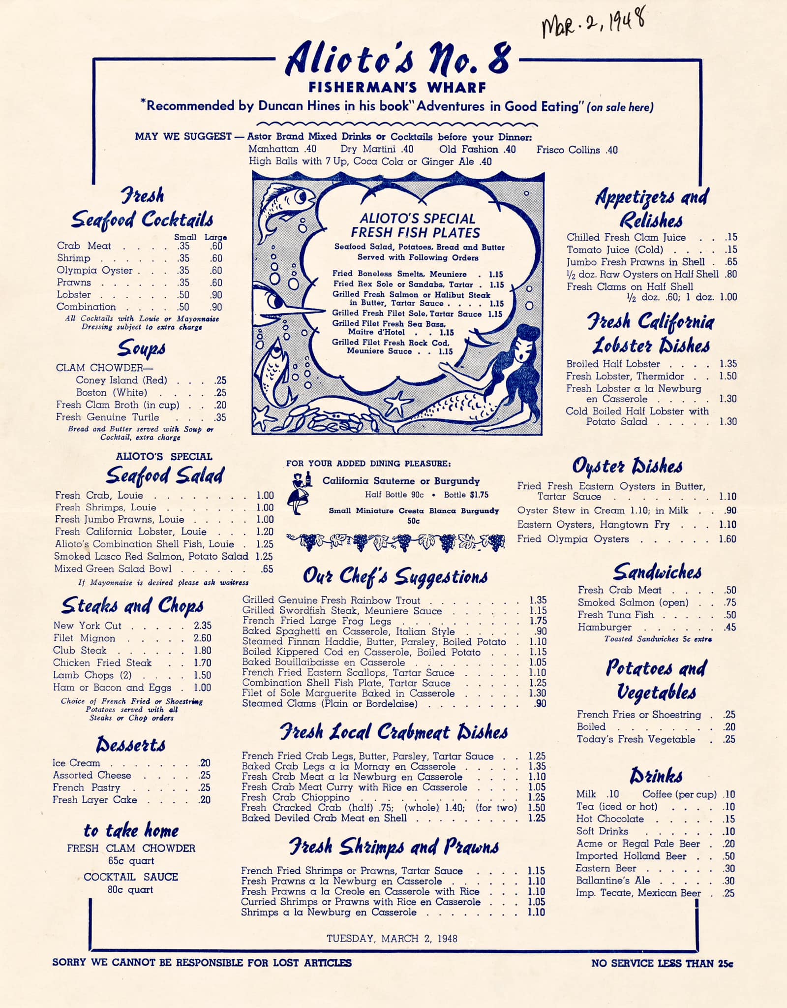 Alioto's #8 March 8 1948 menu at Fisherman's Wharf
