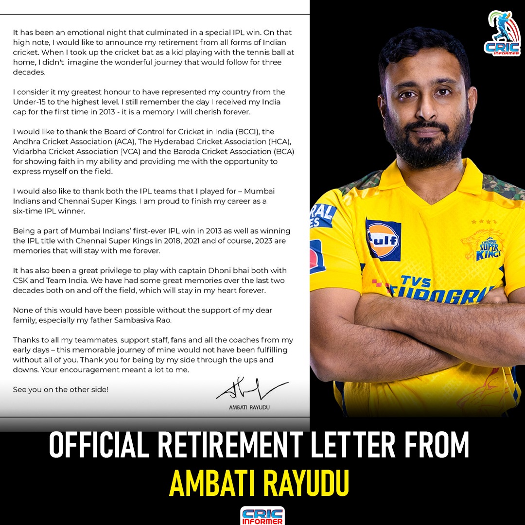 CricInformer - Ambati Rayudu shared his retirement letter....