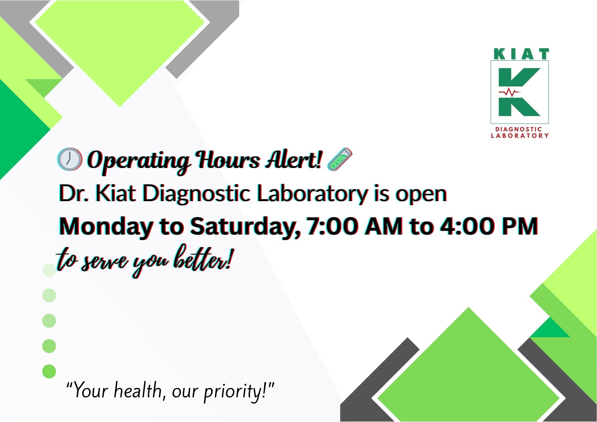 🕖 Operating Hours Alert! 🧪... - Kiat Diagnostic Laboratory | Facebook