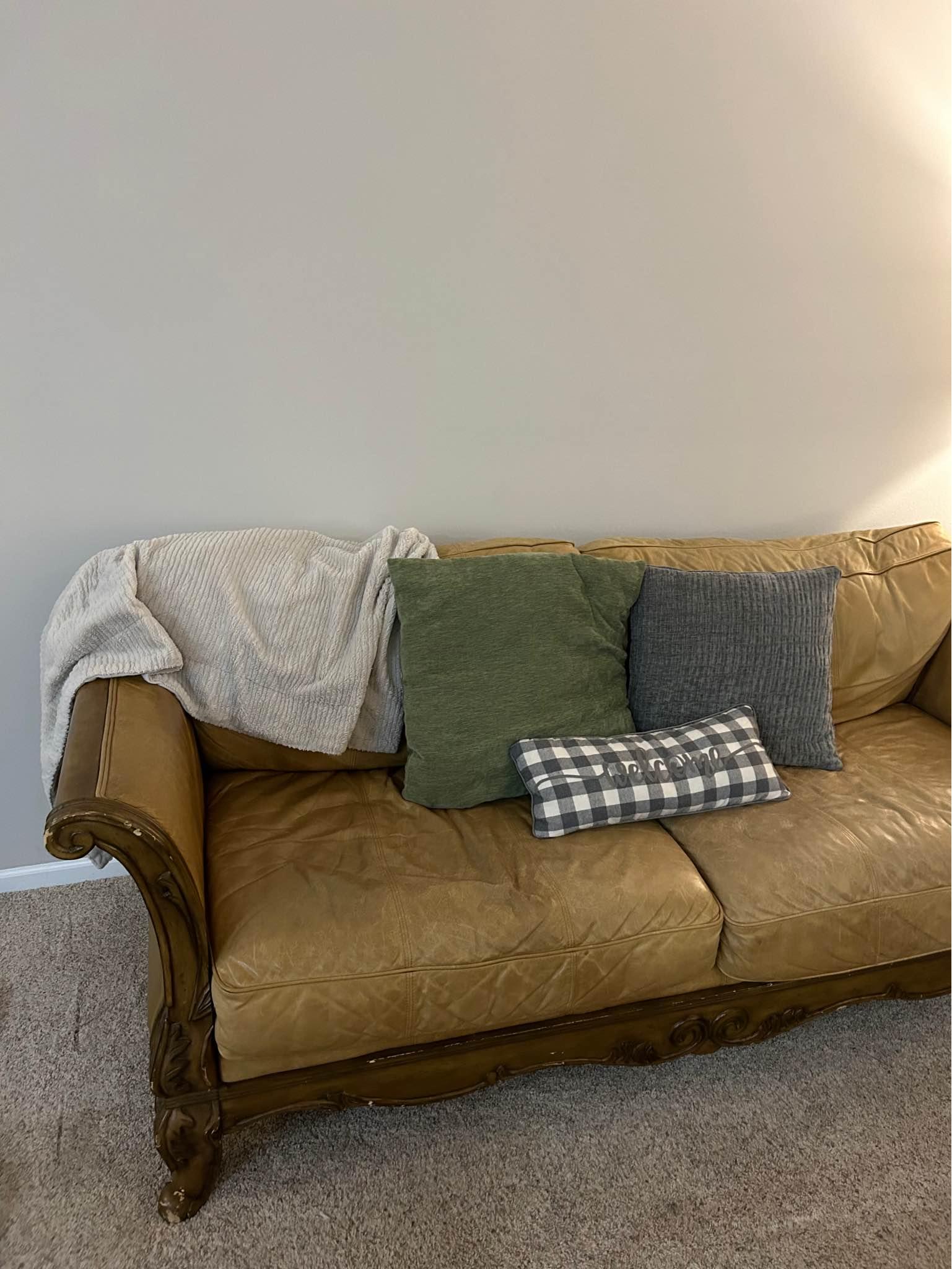 Monumental Distressed Leather and Carved Wood Sofa Sofas, Loveseats