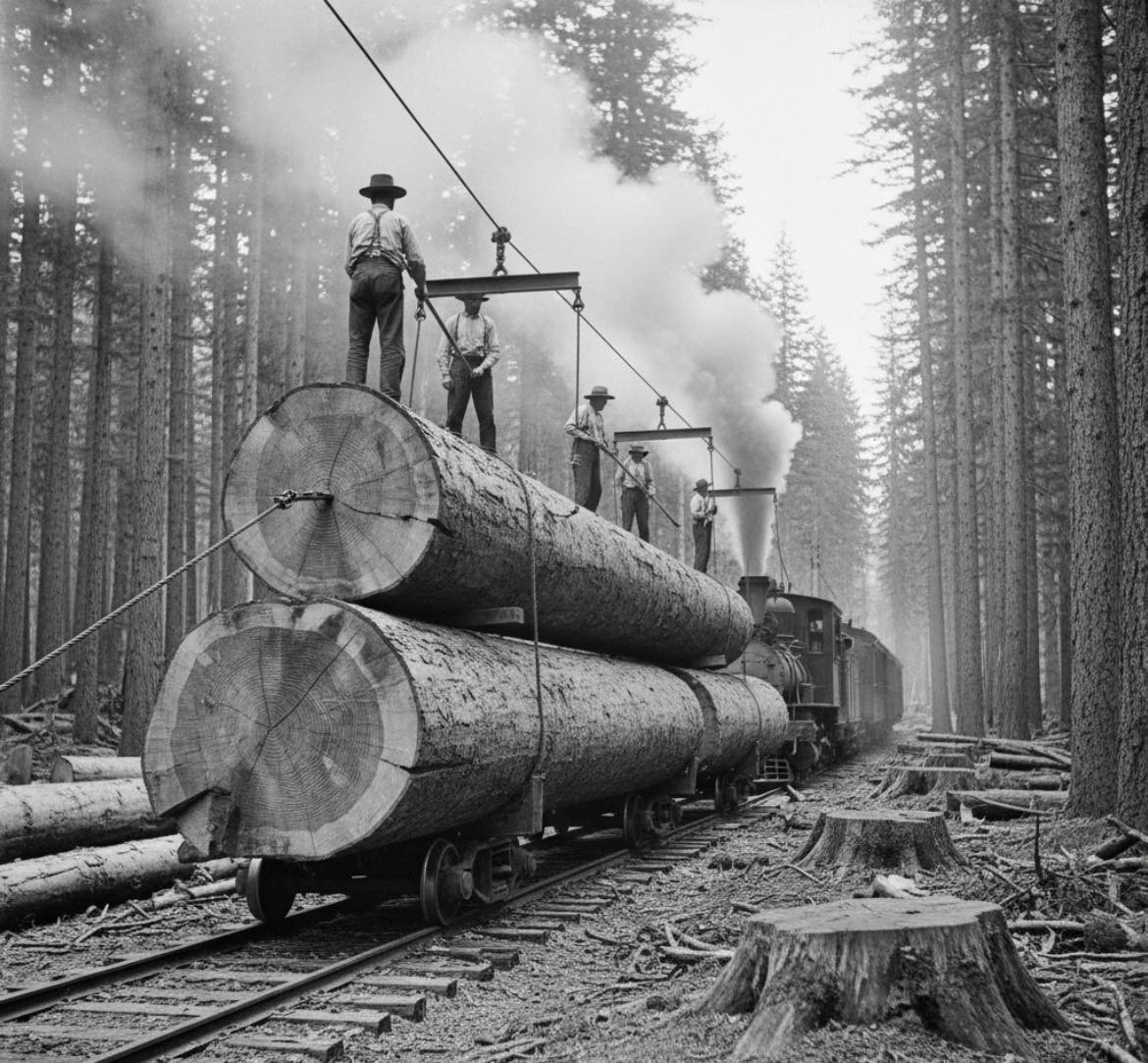 The Loggers - Temporary logging rails are built directly in the forest ...