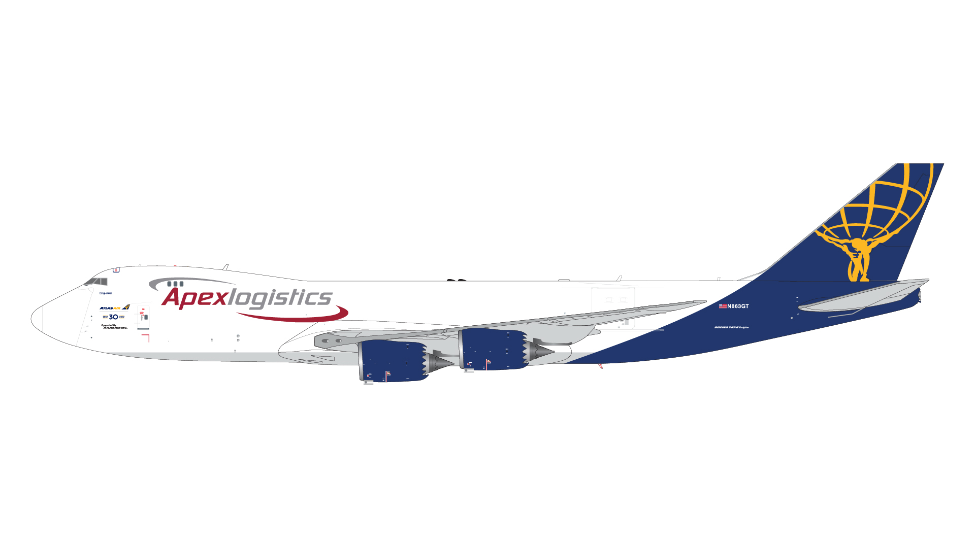 The GeminiJets Atlas Air B747-8F features optional nose cargo