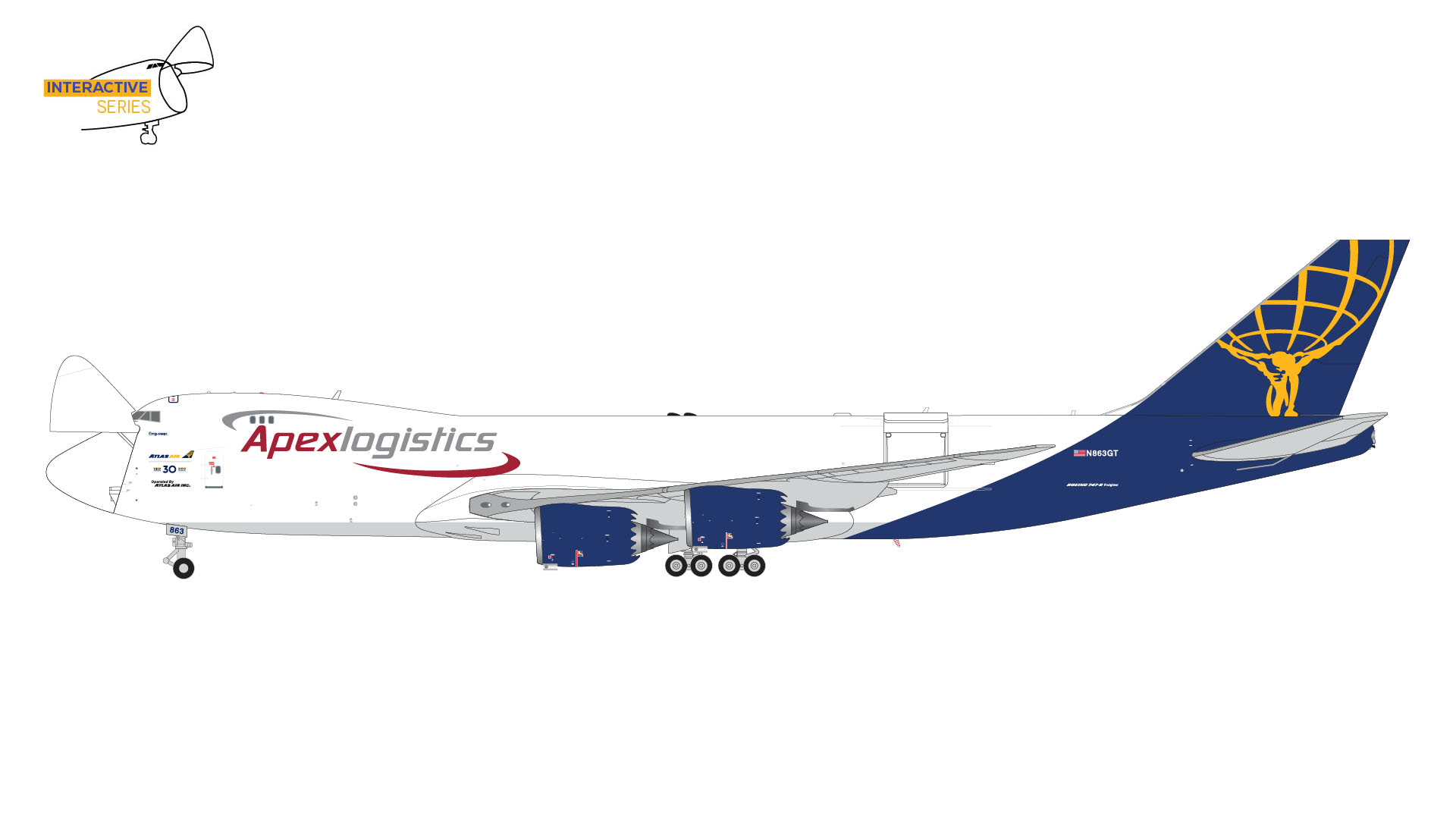 The GeminiJets Atlas Air B747-8F features optional nose cargo