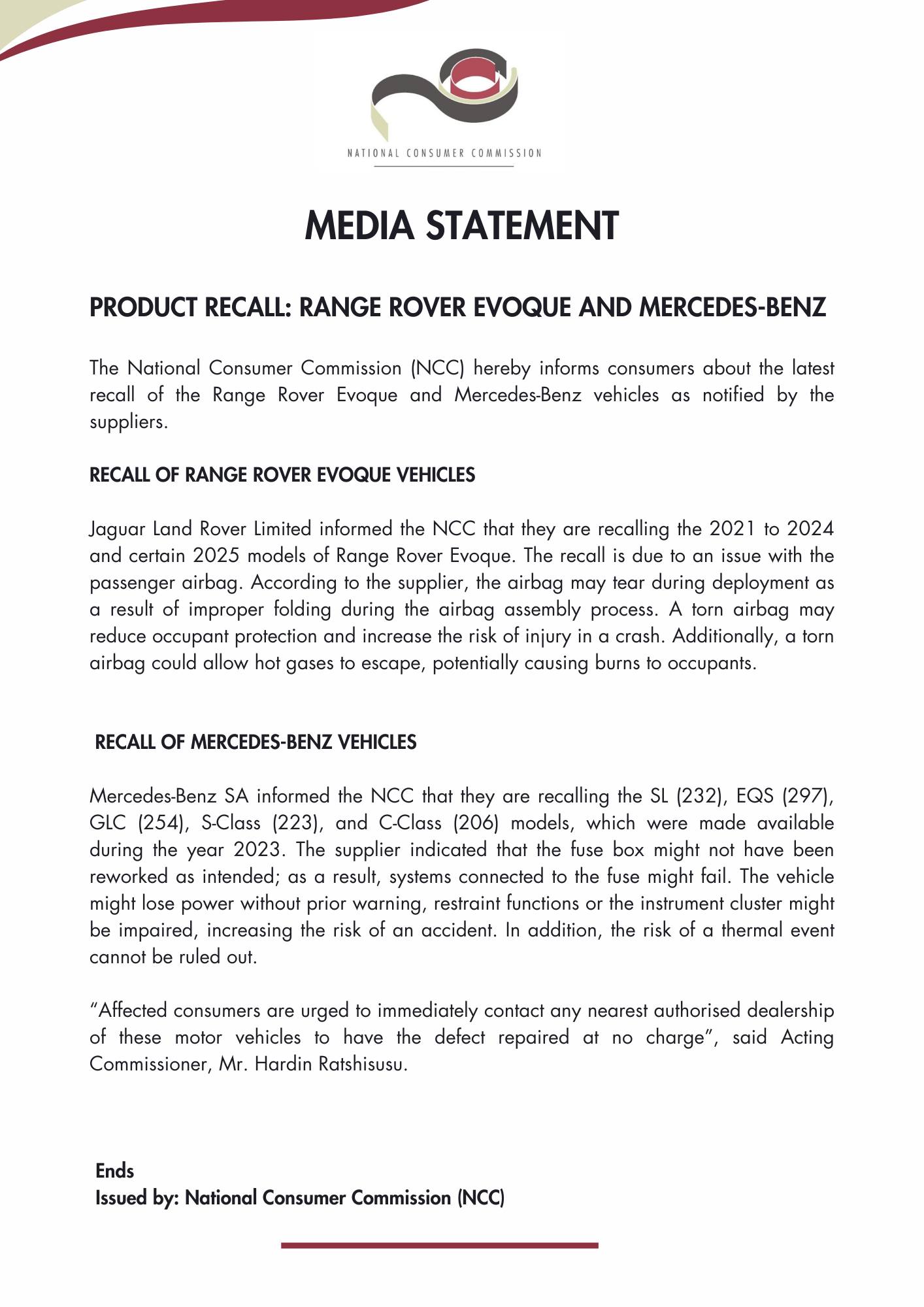 Product Safety Recall:... - National Consumer Commission | Facebook