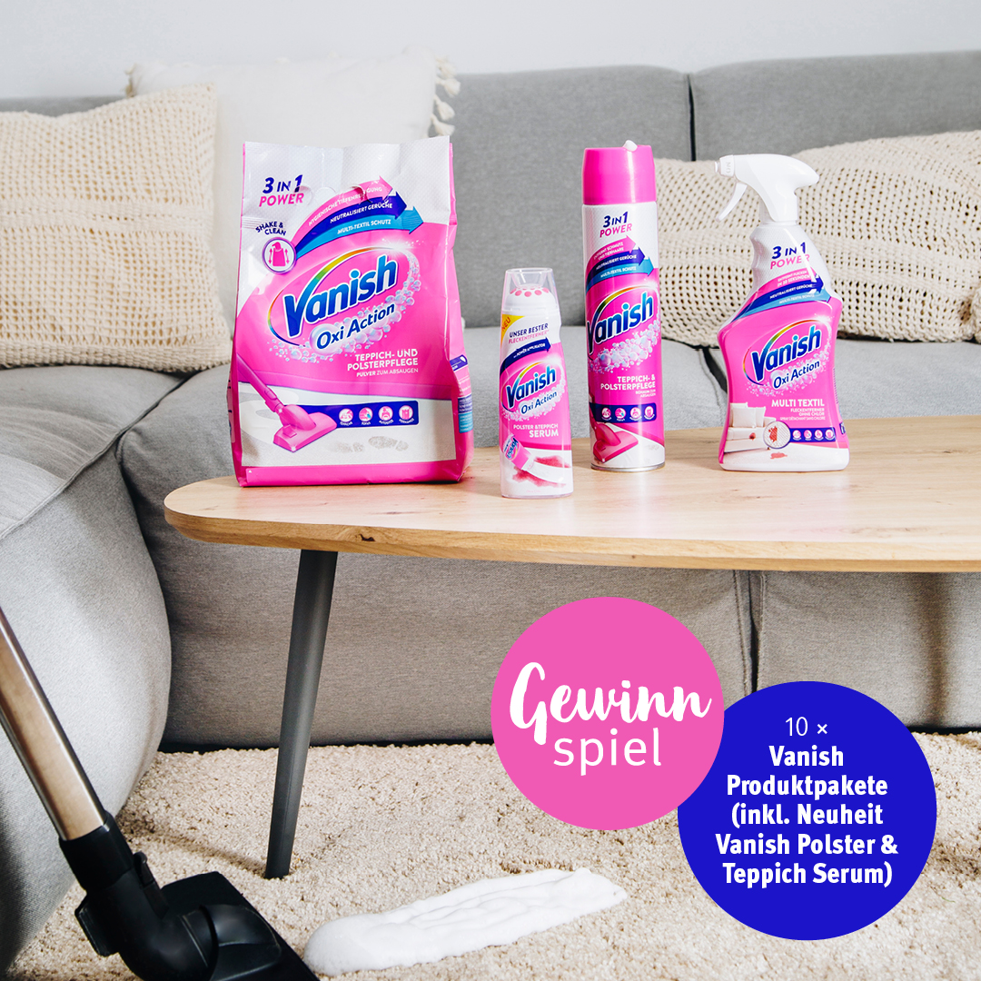 Effektiv gegen Flecken!✨ Braucht dein Teppich, Sofa oder deine Wäsche auch ein fresh-up? Dann mach unbedingt bei unserem Gewinnspiel mit und gewinne 1 von 10 Vanish Produktpaketen mit tollen Textilpf