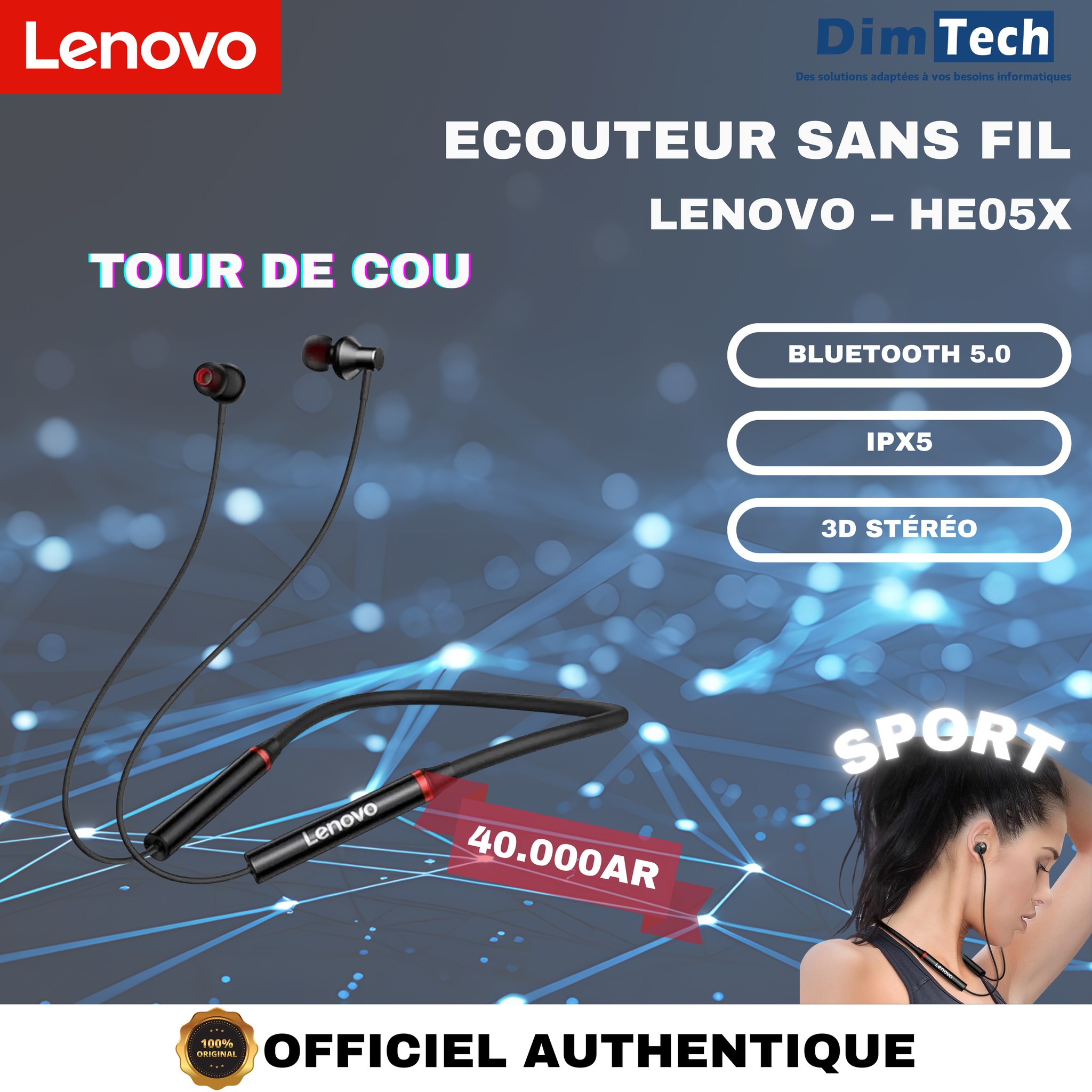 DimTech - LENOVO -HE05X ECOUTEUR SANS FIL MODEL TOUT DE COU 40,000AR ...