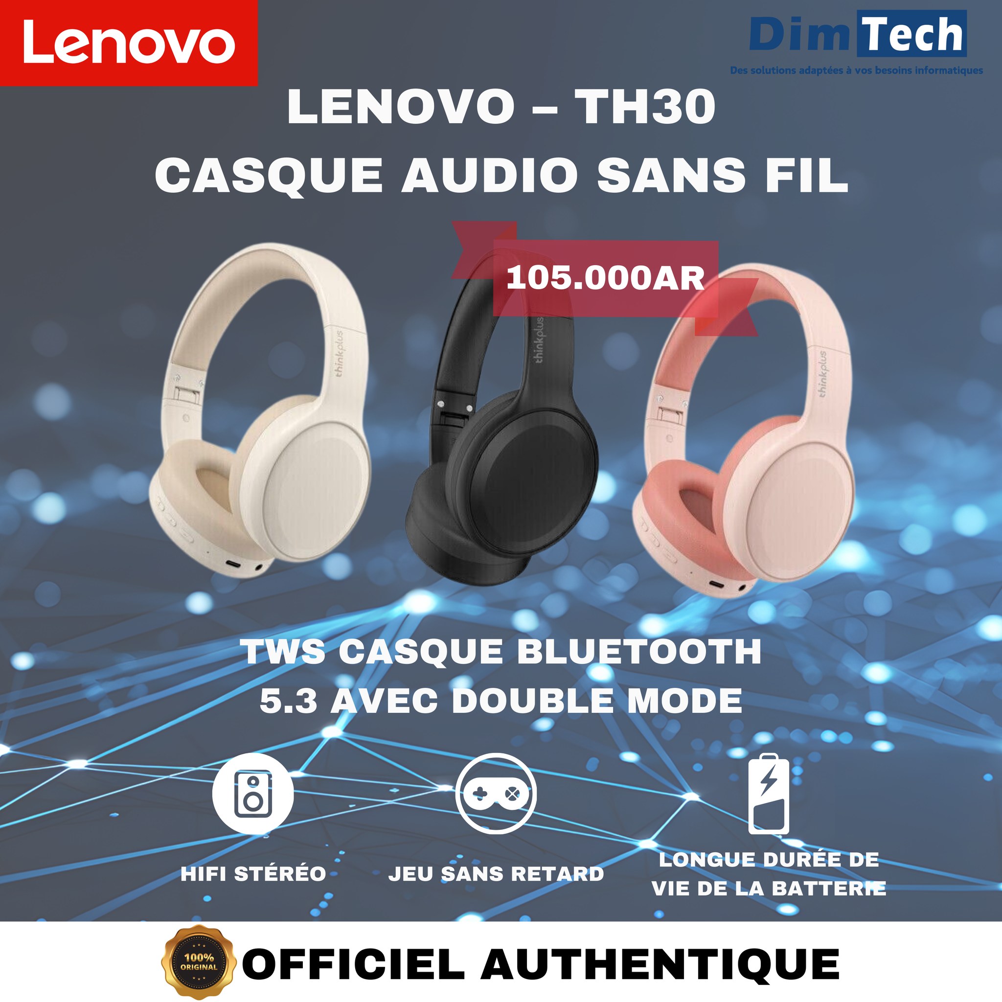 DimTech - LENOVO -TH30 CASQUE BLUETOOTH 105,000AR 3 couleurs ...