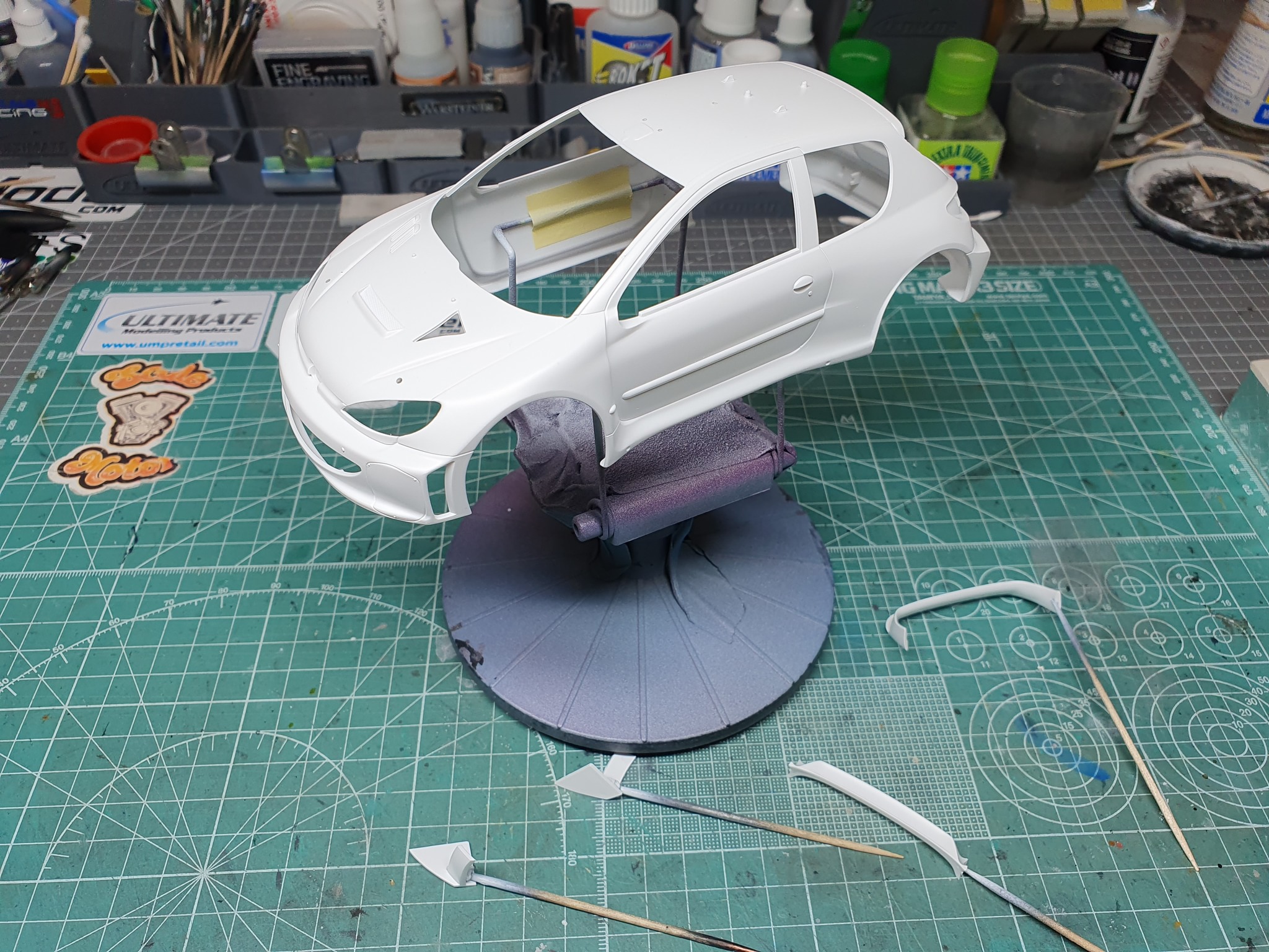 Tamiya 1/24 Peugeot 206 WRC model with custom paint job