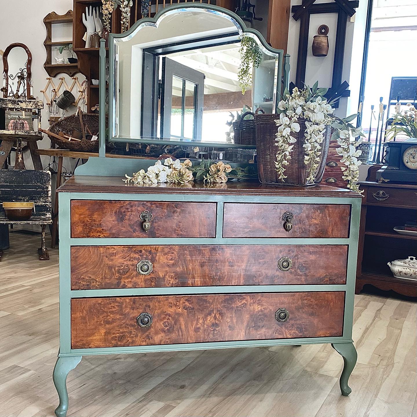 juniper green dresser Refinished vintage with paint and natural wood 6 drawer dresser