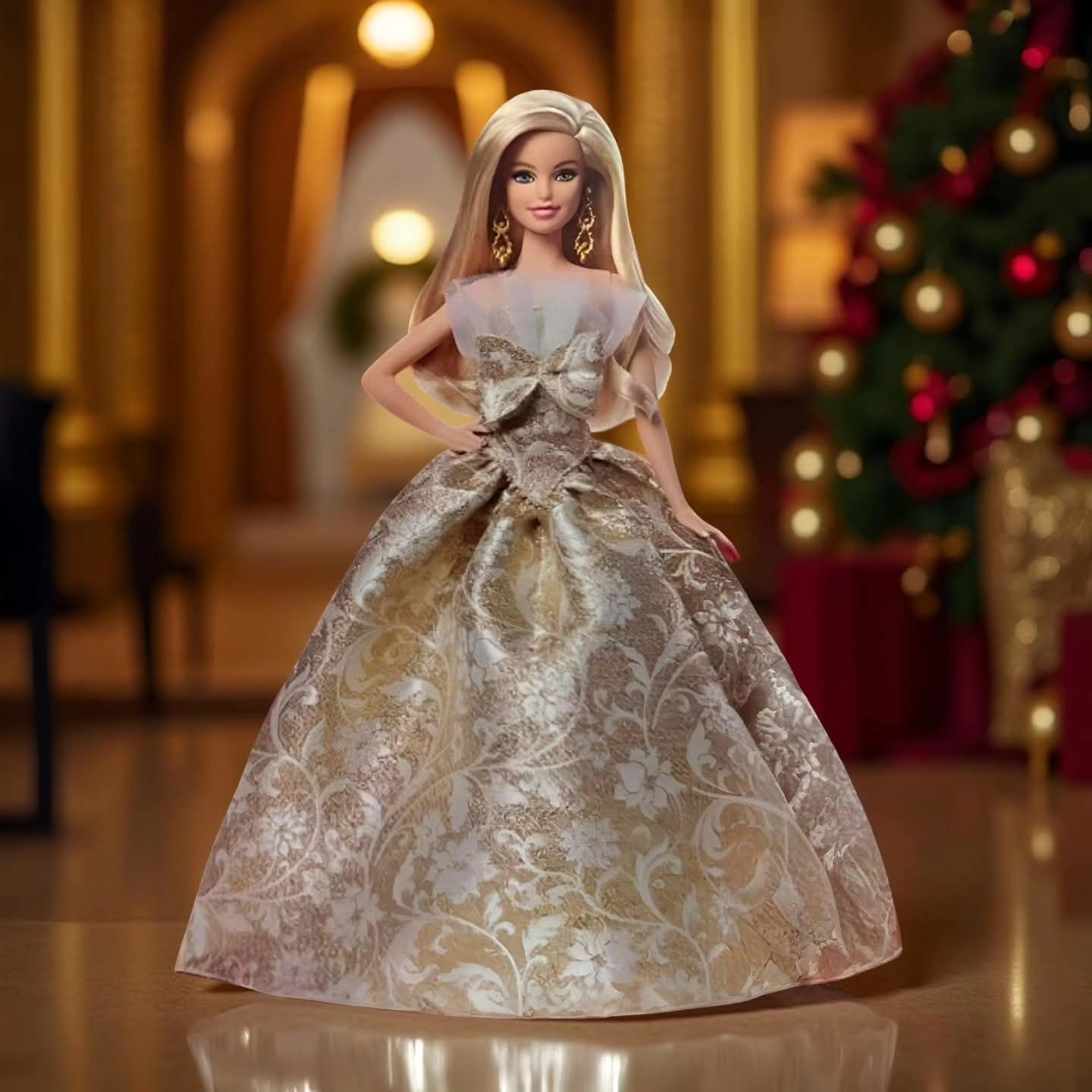 The 2022 Holiday Barbie Doll's sophisticated ensemble embodies the spirit of the season: ❤️Poinsettia-inspired red gown ❤️Pearl earrings ❤️Bright-red lipstick
