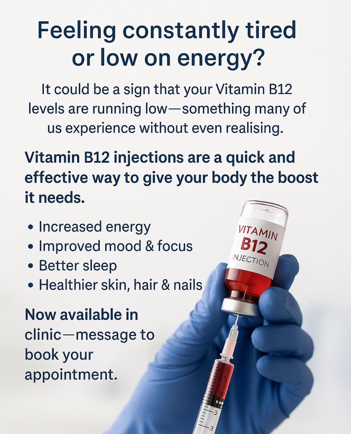 Feeling a little low on energy? Vitamin B injections can help. We offer affordable and high-quality Vitamin B12 and BCO shots to help boost your metabolism, improve your mood, and support your