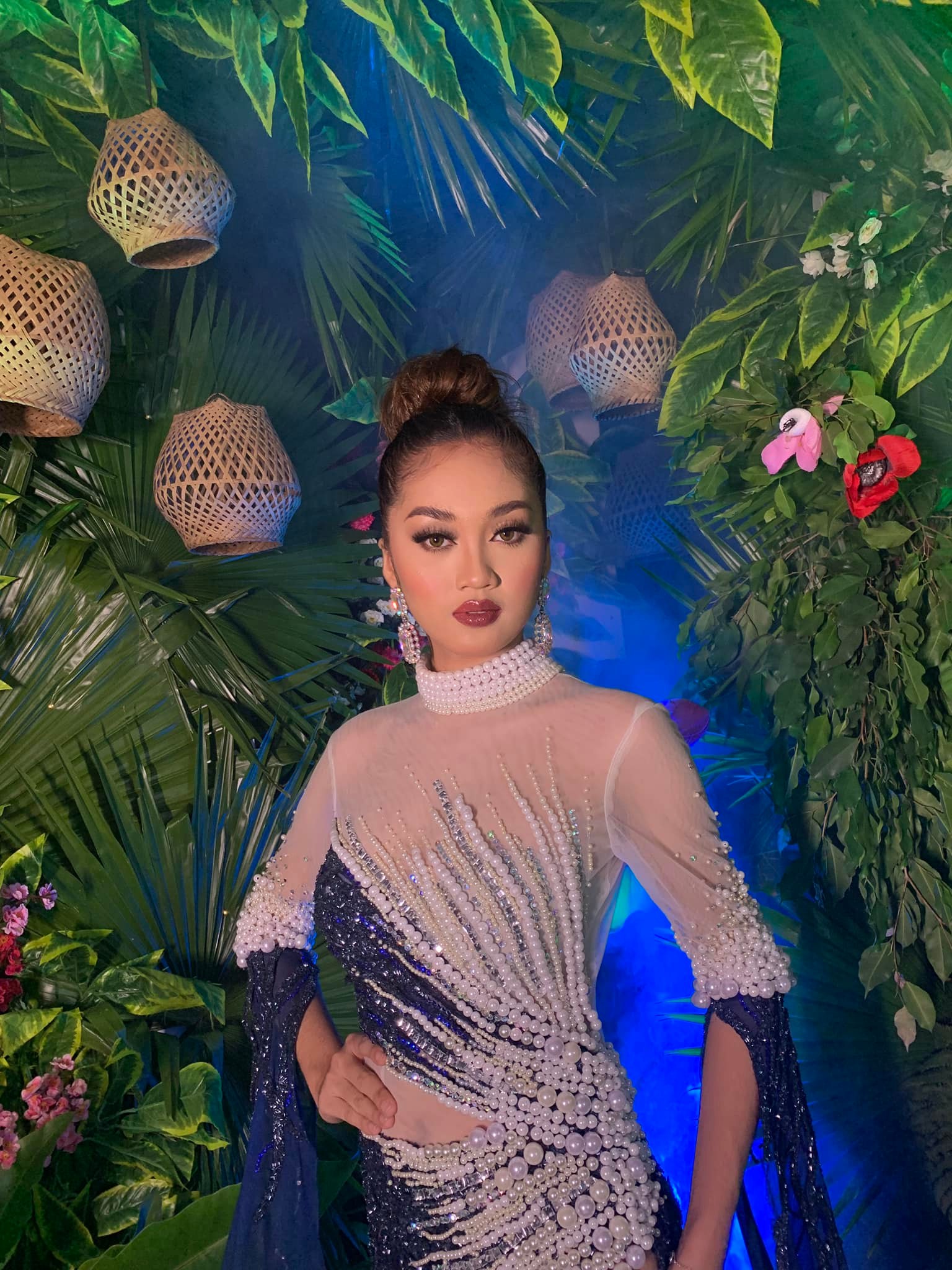 Trisha Marie Delmo wearing a midnight pearl beaded gown during her Prelimenary competition for MISS EARTH mindanao 2022 designed by: RL OMADLE make up by: Tadushe Sampel hair by: Jonathan Balaba photo