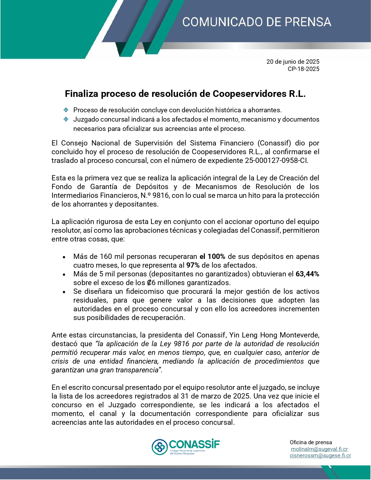 Les compartimos el comunicado del Conassif sobre la finalización del ...
