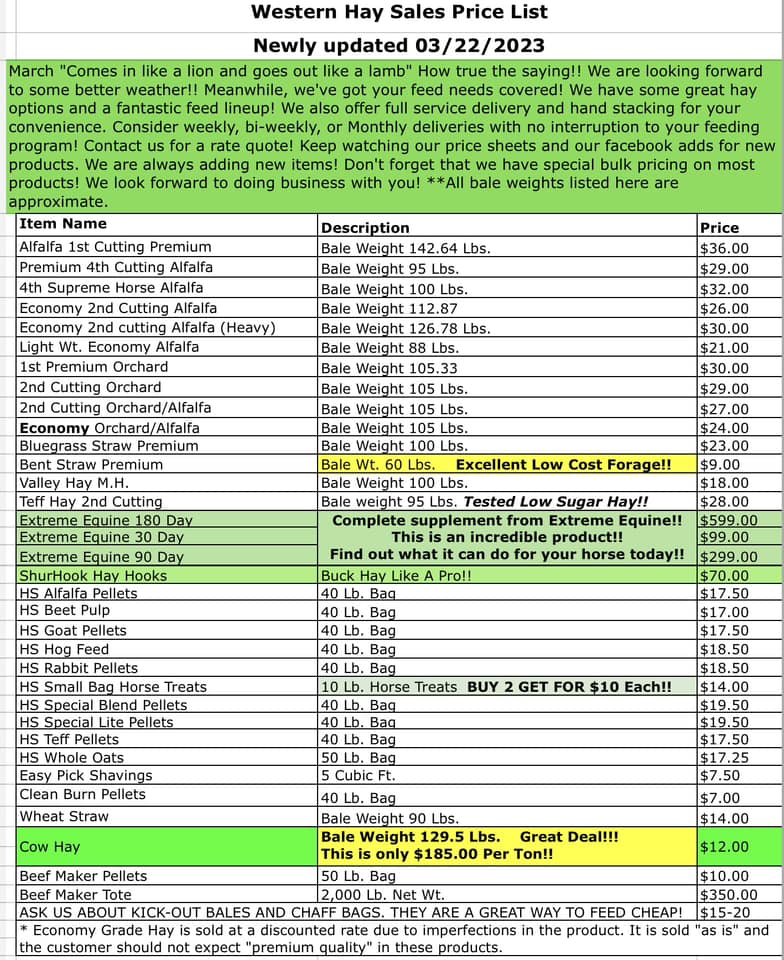 Here are the latest price sheet... Western Hay Sales