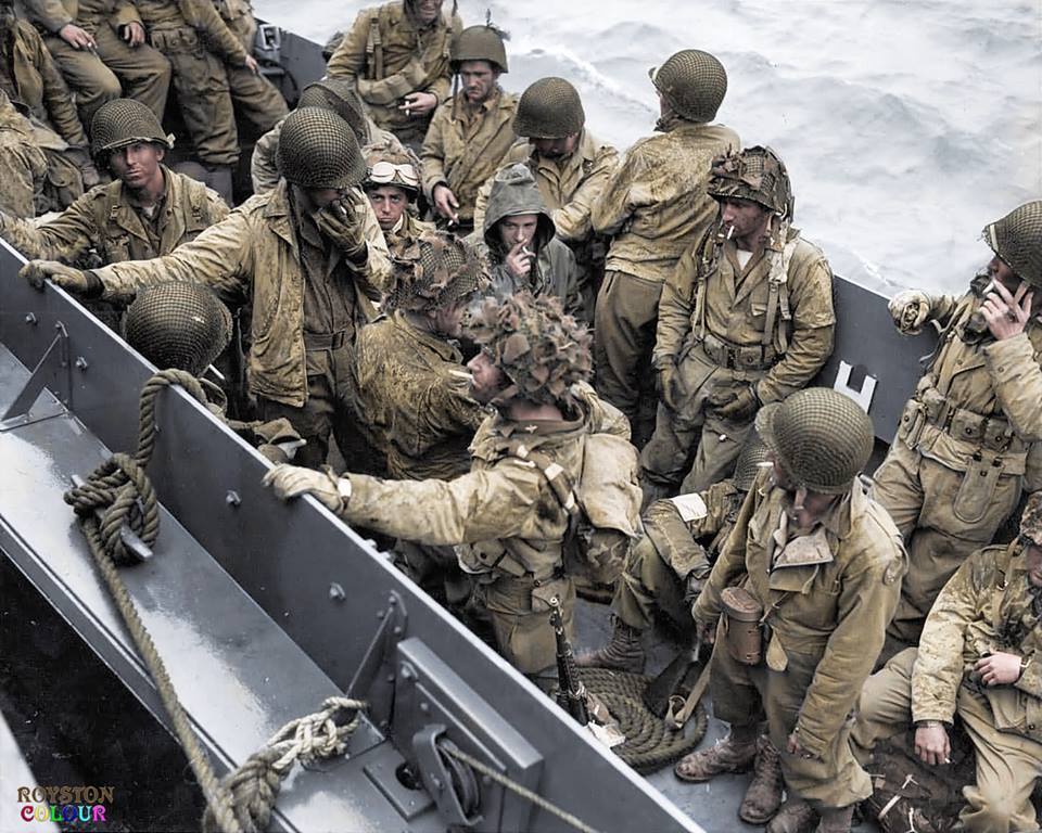 WW2 - 'D-Day + 3' US Airborne glider pilots aboard an LCVP ((Landing ...