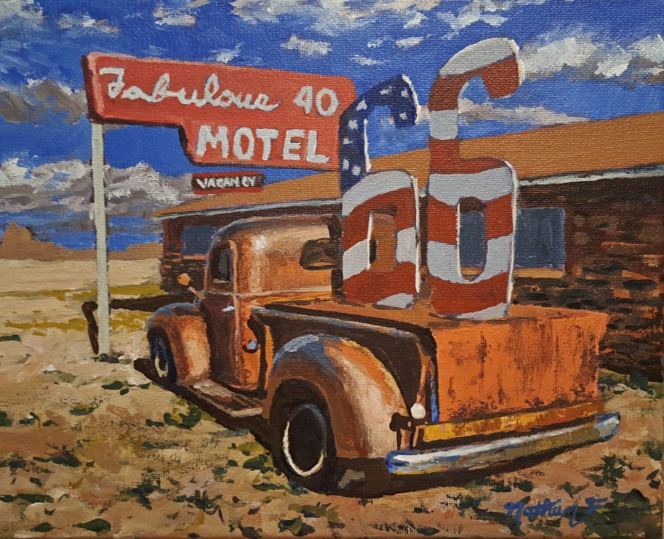 Recent acrylic paintings of Adrian, Glenrio, and Holbrook on Route 66