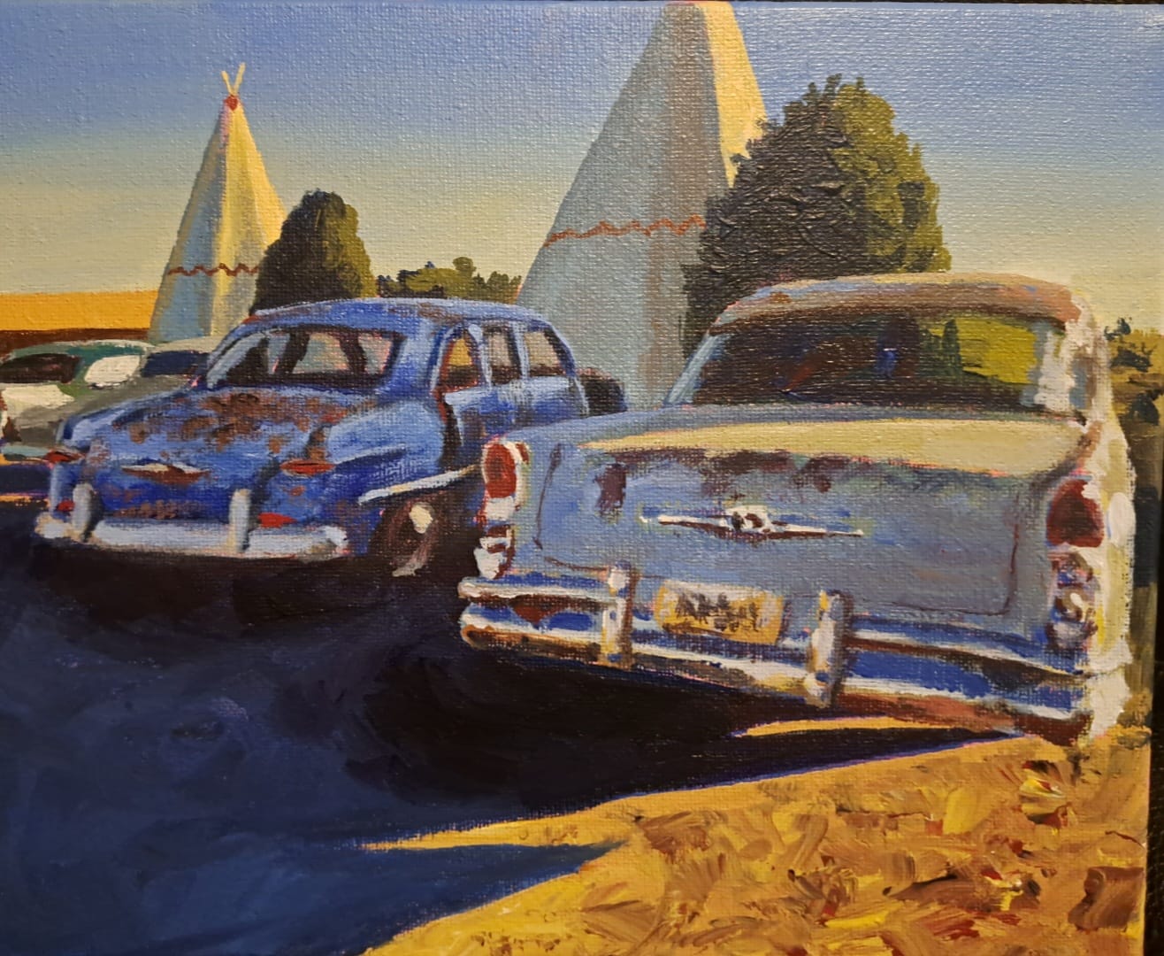 Recent acrylic paintings of Adrian, Glenrio, and Holbrook on Route 66