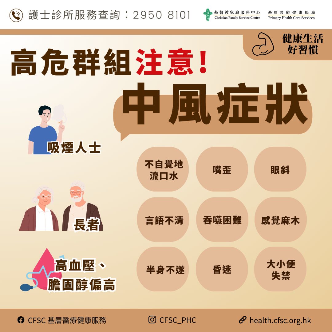 CFSC - 【中風高危一族要注意!😮】 中風即係腦部入面血管阻塞或爆裂🩸，令腦部組織唔可以得到充足的養料同氧氣，神經細胞會因為咁而壞死，所以 ...