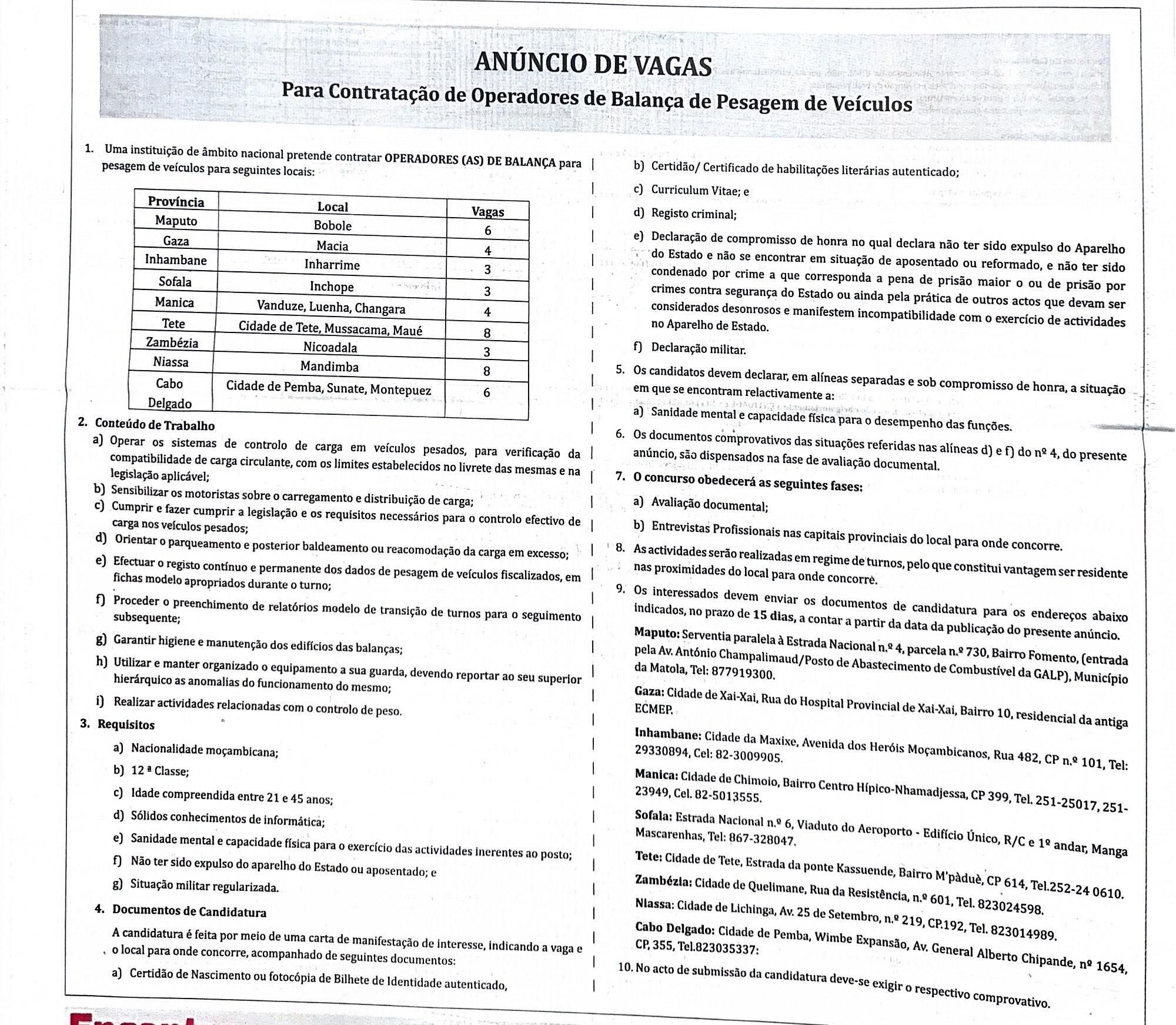 Notícias - ANÚNCIO DE VAGAS Para Contratação de Operadores de Balança ...